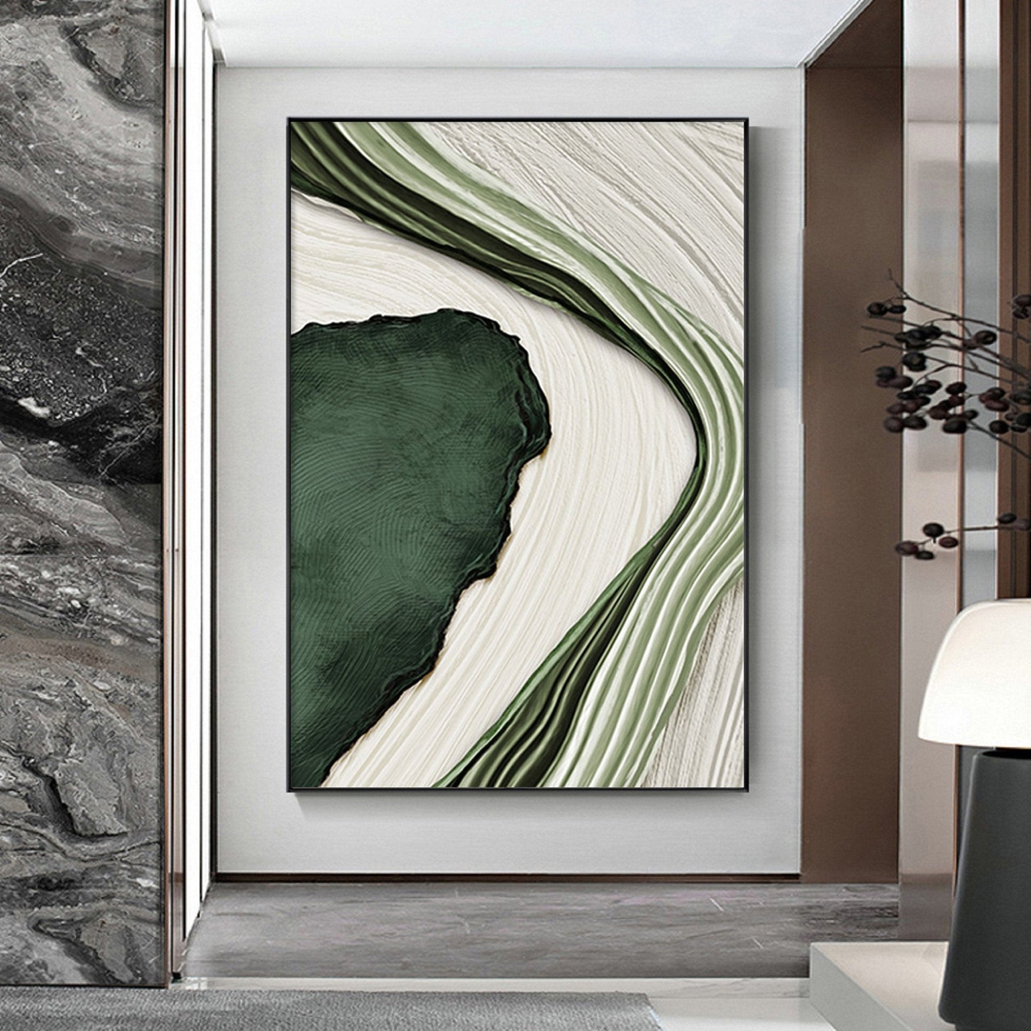 Textured Green and White Abstract Art | Flowing Lines Canvas Painting JJ 073 - Texarart