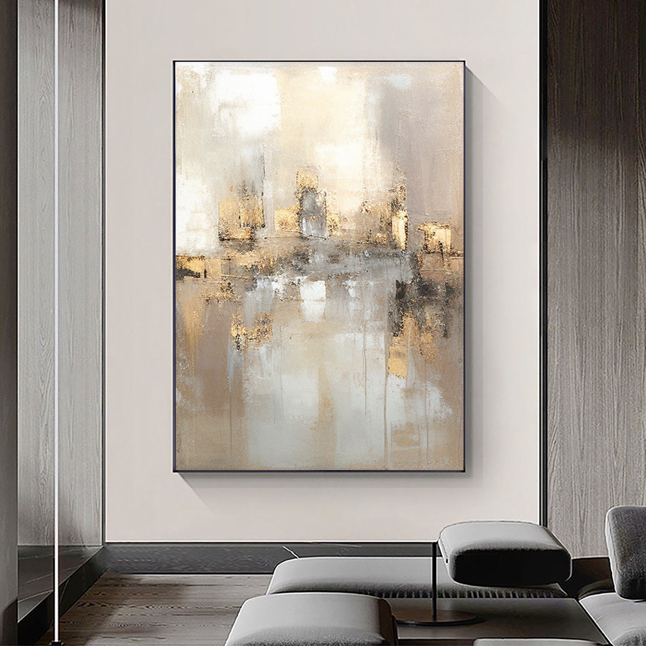 Large Abstract Neutral Wall Art | Wabi Sabi Gold Accent Canvas ZZ 106 - Texarart