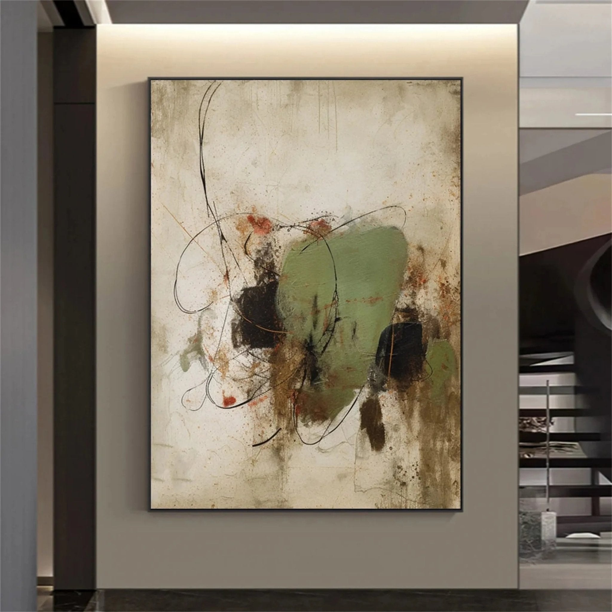 Expressive Abstract Canvas Painting | Green Neutral Mixed Media Art JJ 077 - Texarart