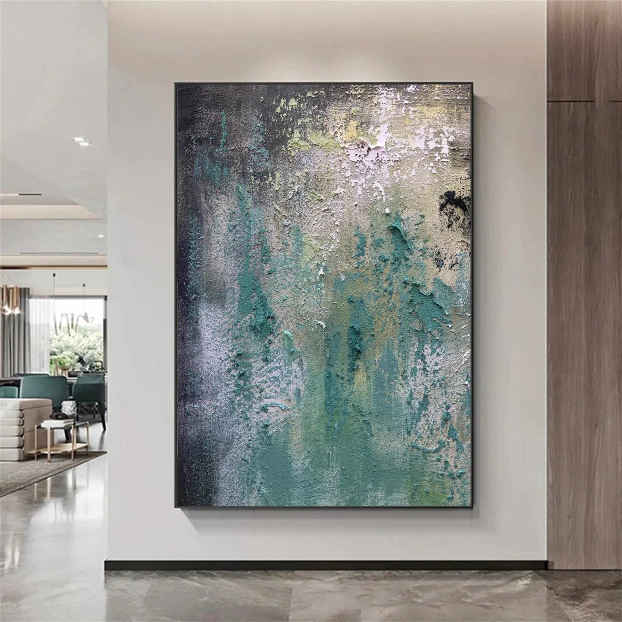 Textured Abstract Art | Green Grey Gold Impasto Canvas Painting JJ 078 - Texarart