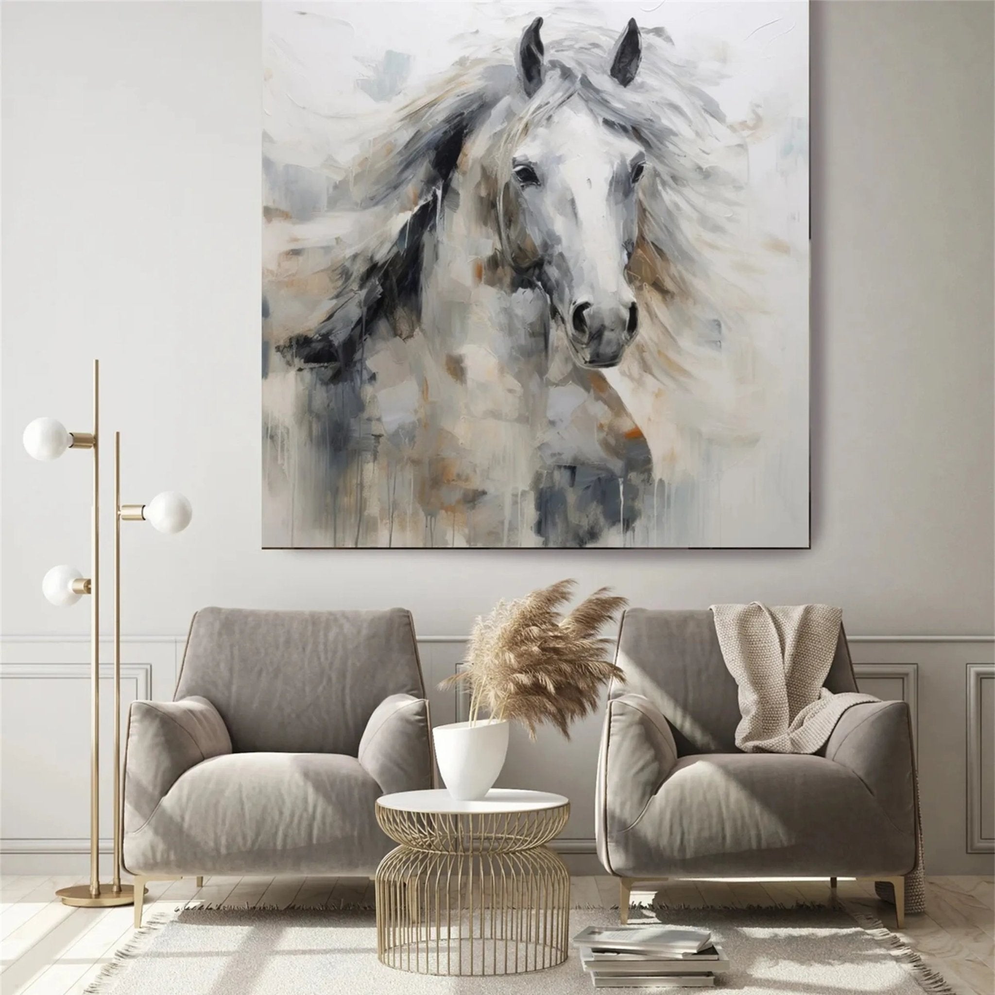 Expressive White Horse Painting | Large Modern Equine Wall Art ZZ 152 - Texarart