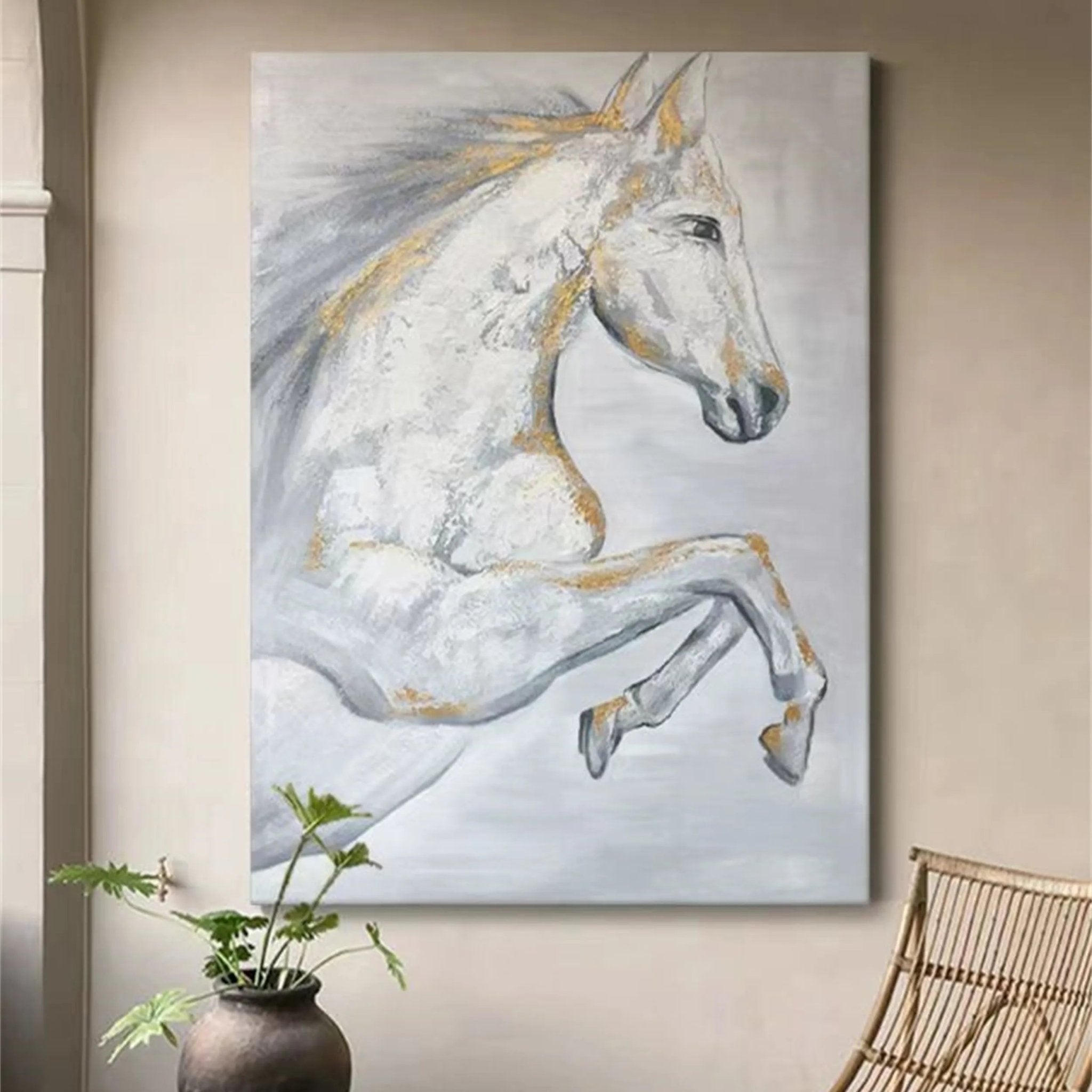 Contemporary Animal Art - White Horse Wall Art for Room Decor ZZ 154 - Texarart