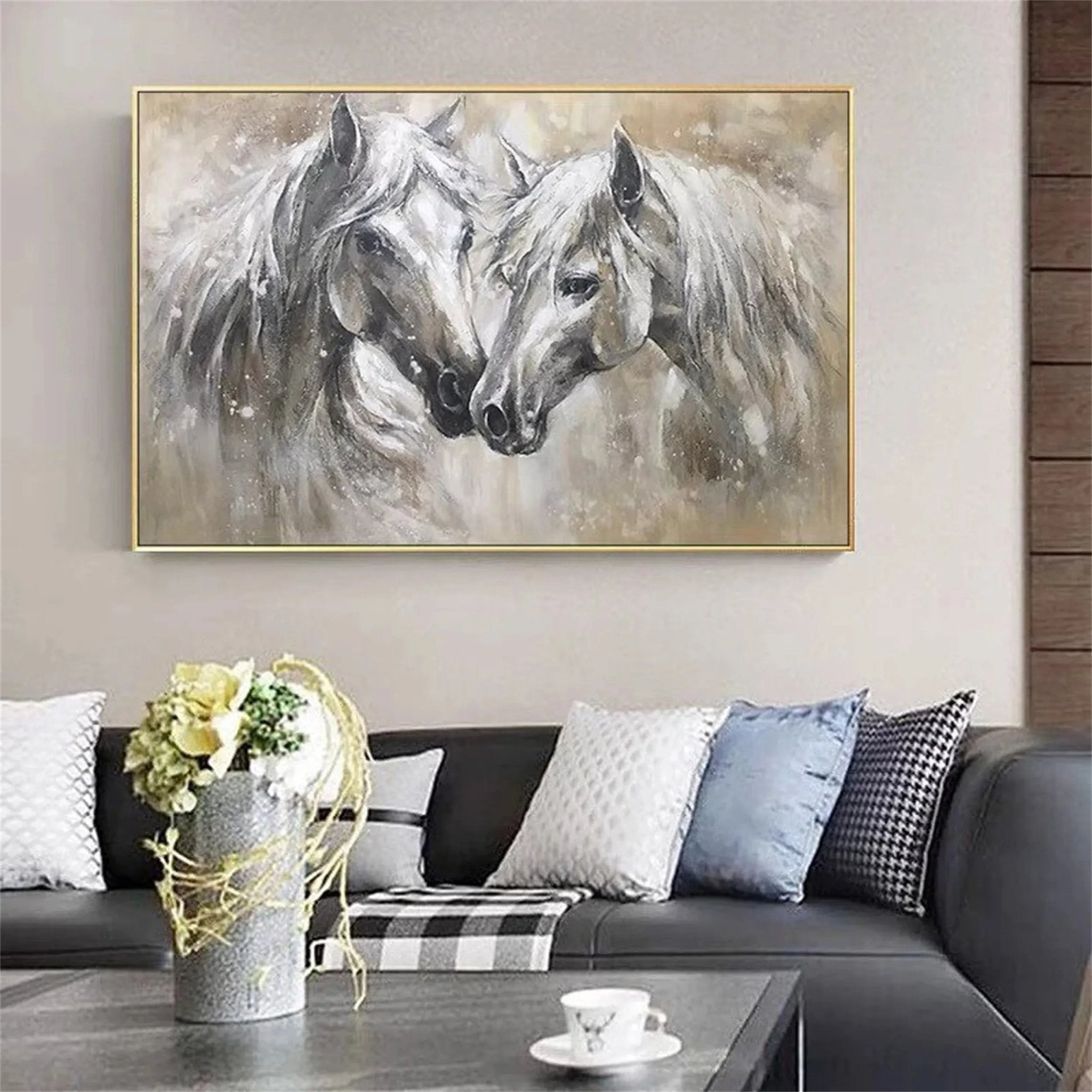 Two Horses Wall Art Abstract Oil Painting - Modern Animal Art JJ 090 - Texarart