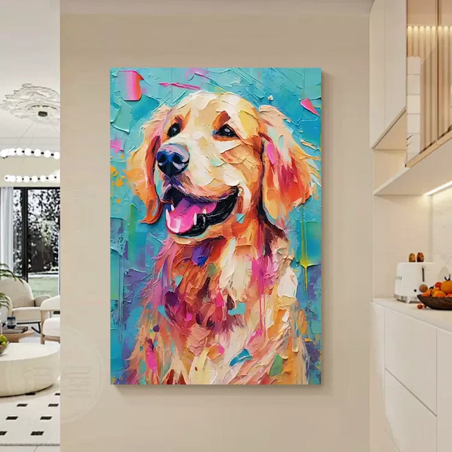 Colorful Golden Retriever Wall Art | Large Textured Dog Painting Canvas ZZ 157 - Texarart