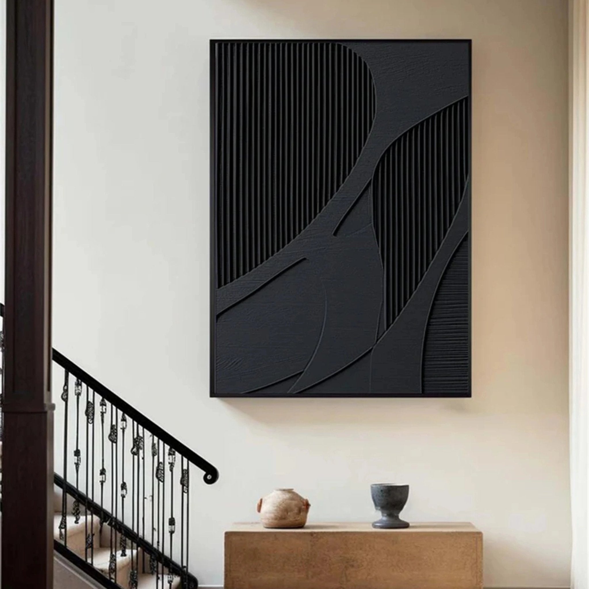 Large Black Textured Wall Art | Vertical Abstract 3D Panel Decor ZZ 136 - Texarart