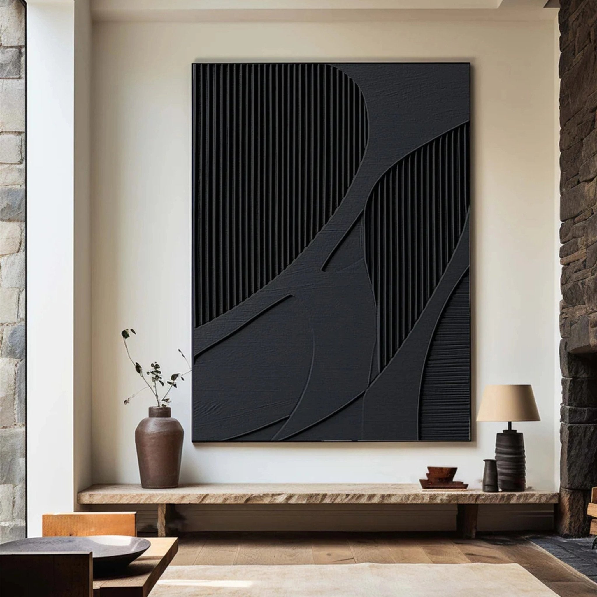 Large Black Textured Wall Art | Vertical Abstract 3D Panel Decor ZZ 136 - Texarart