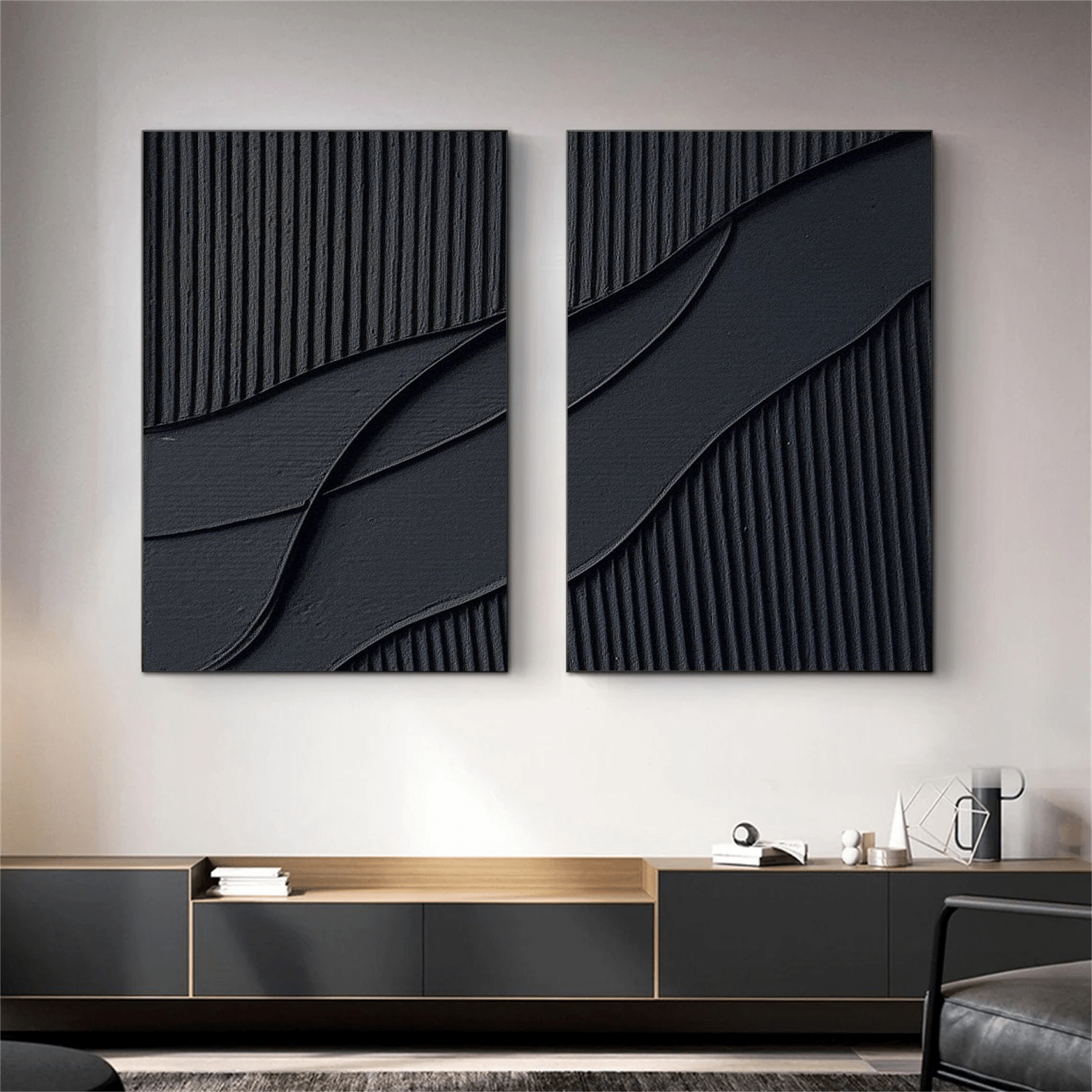 Black Plaster Texture Wall Art | Large Contemporary Abstract Canvas Set of 2 ZZ 137 - Texarart