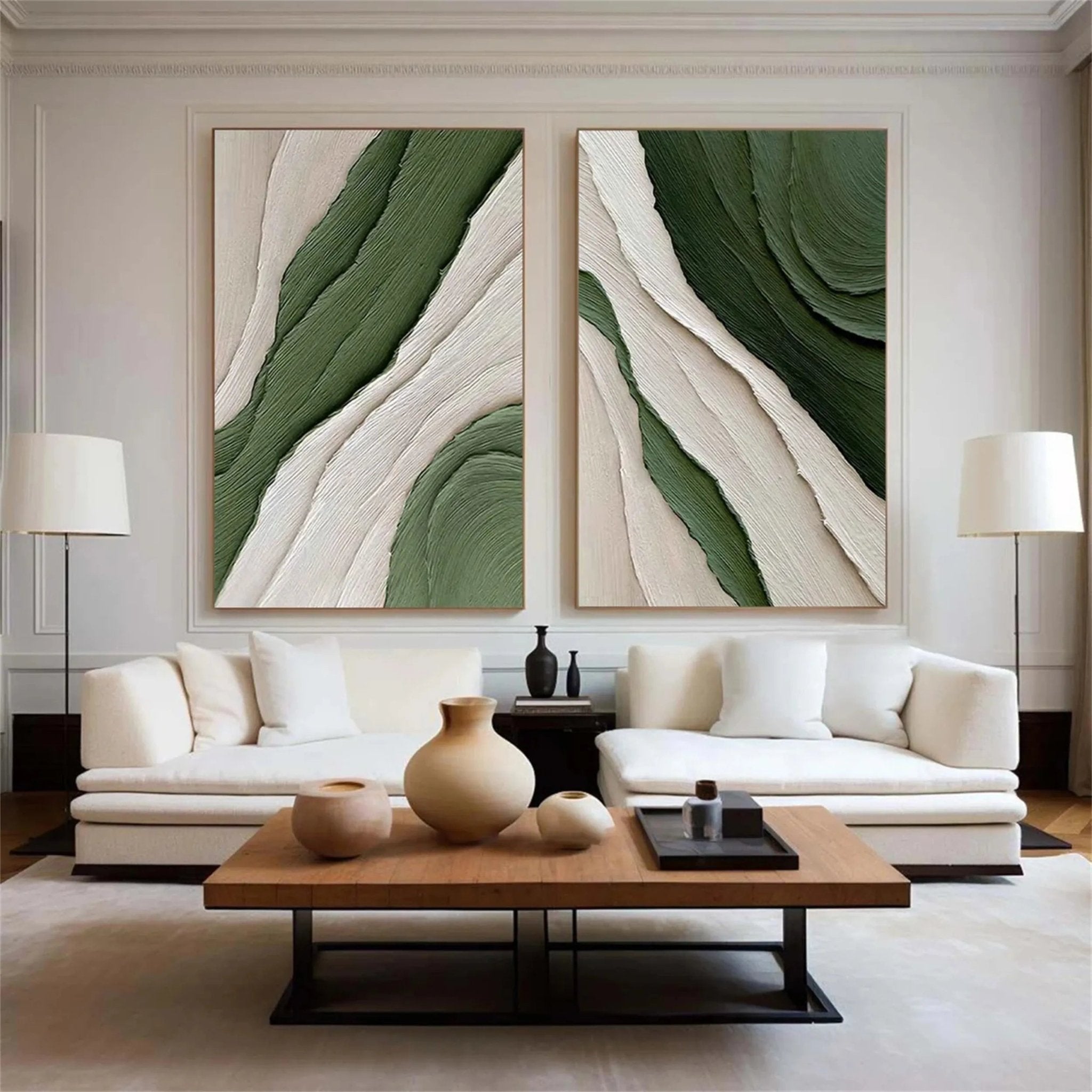 Large Green and White Textured Art | 2 Piece Abstract Paintings for Room Decor ZZ 138 - Texarart