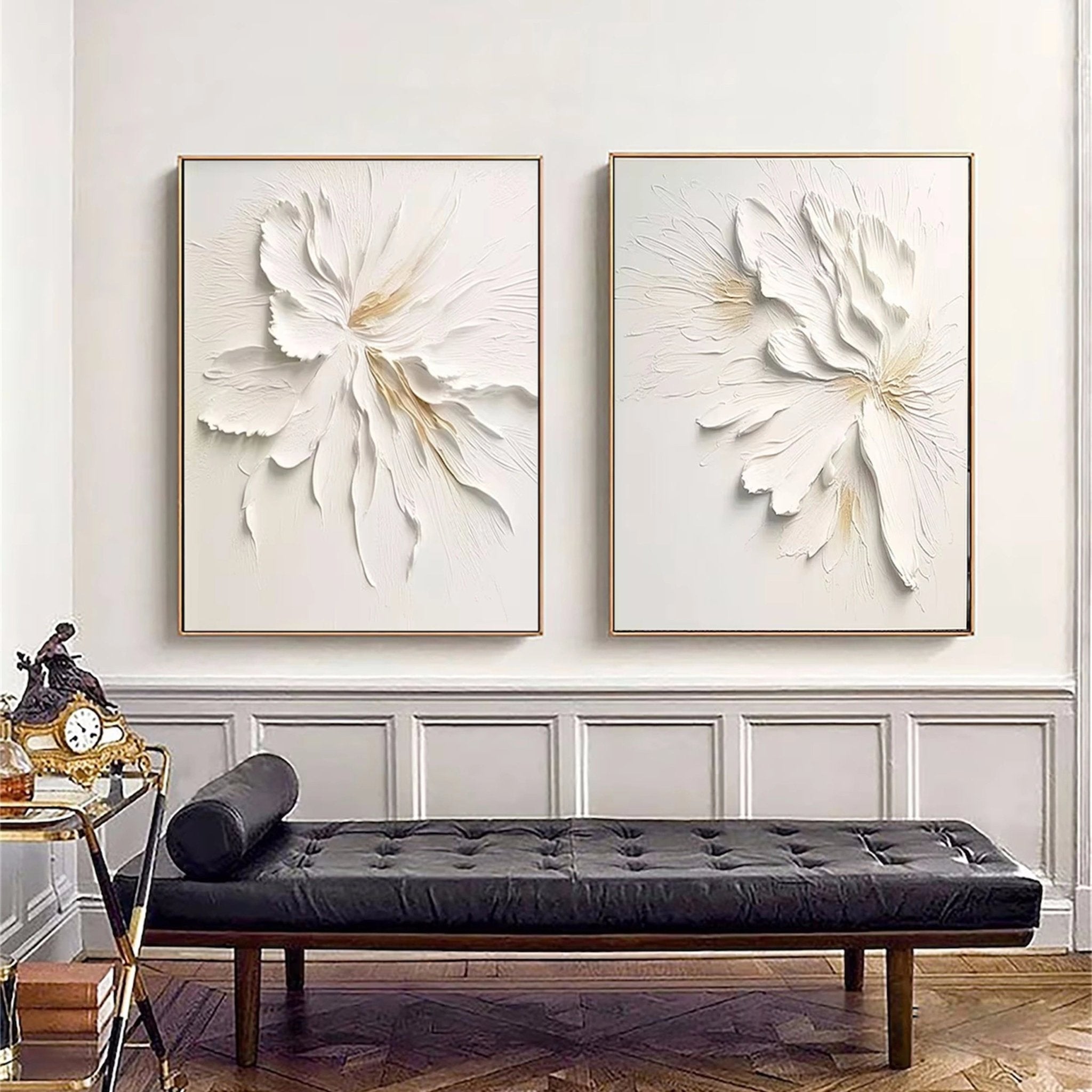 Contemporary Floral Design: White Textured Abstract Canvas Set of 2 ZZ 140 - Texarart