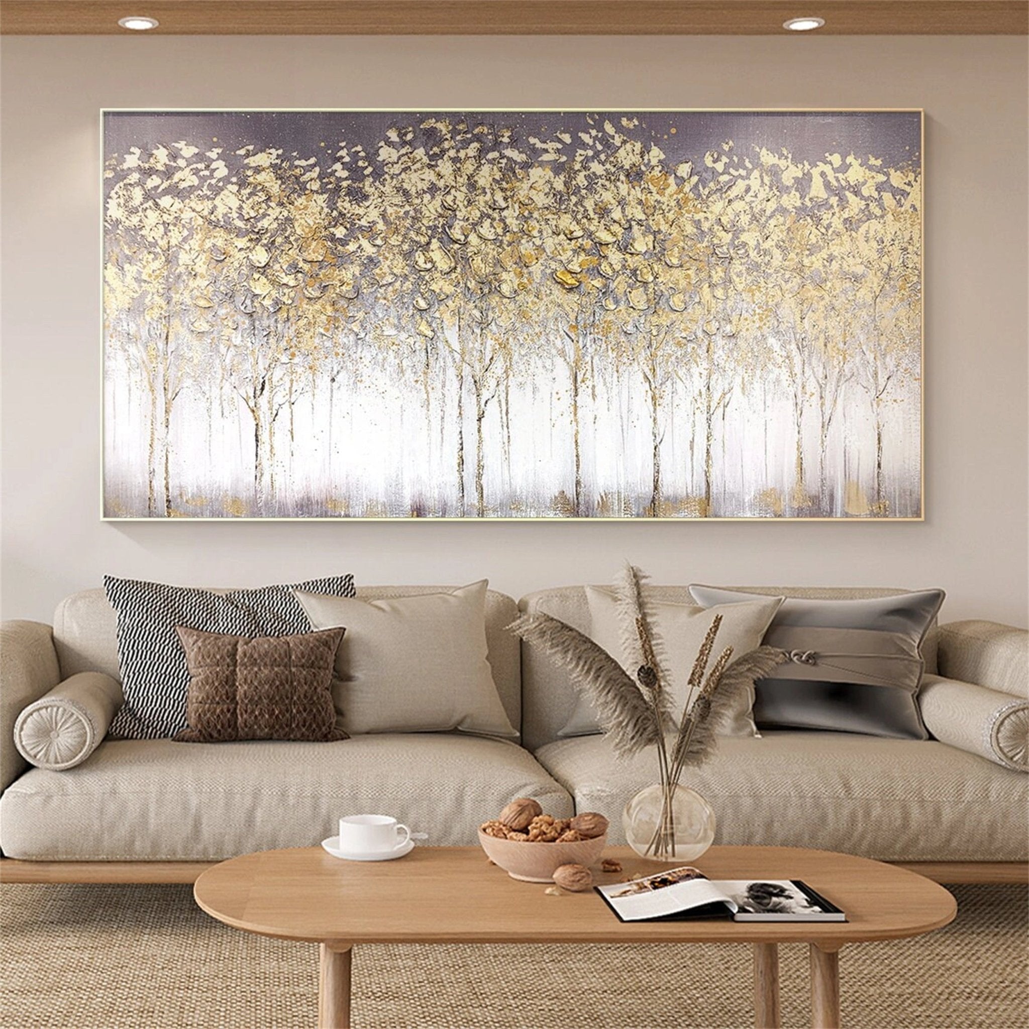 Textured Gold Tree Painting | Large Panoramic Abstract Forest Art JJ 100 - Texarart