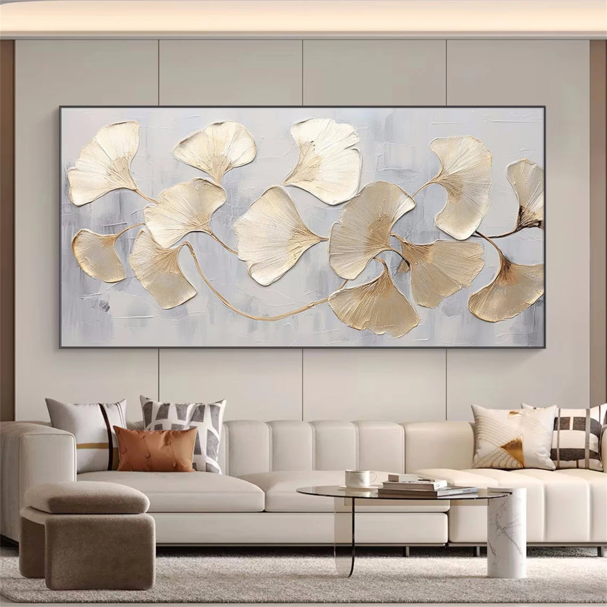 Large Abstract Leaf Artwork: Textured Ginkgo Painting for Living Room ZZ 139 - Texarart