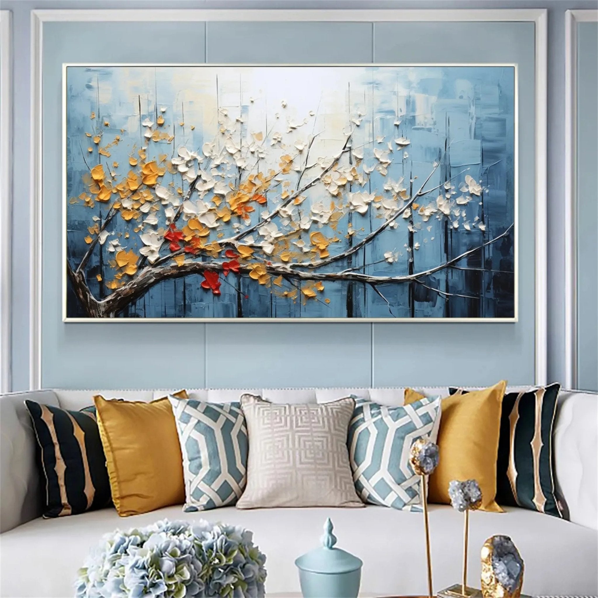 Textured Floral Wall Art | Large Blue Gold Blossom Branch Painting ZZ 141 - Texarart