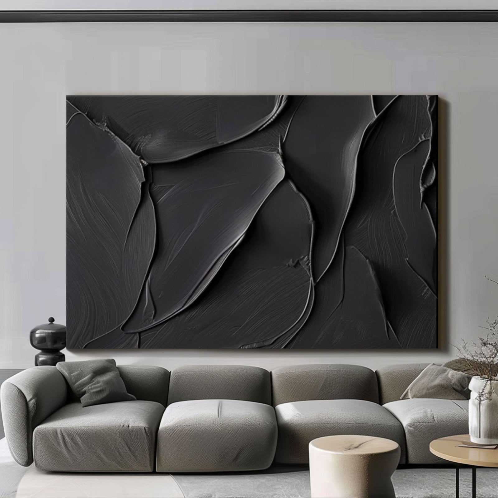 Minimalist Black Textured Oil Painting | "Eternal Embrace"TC 170 - Texarart