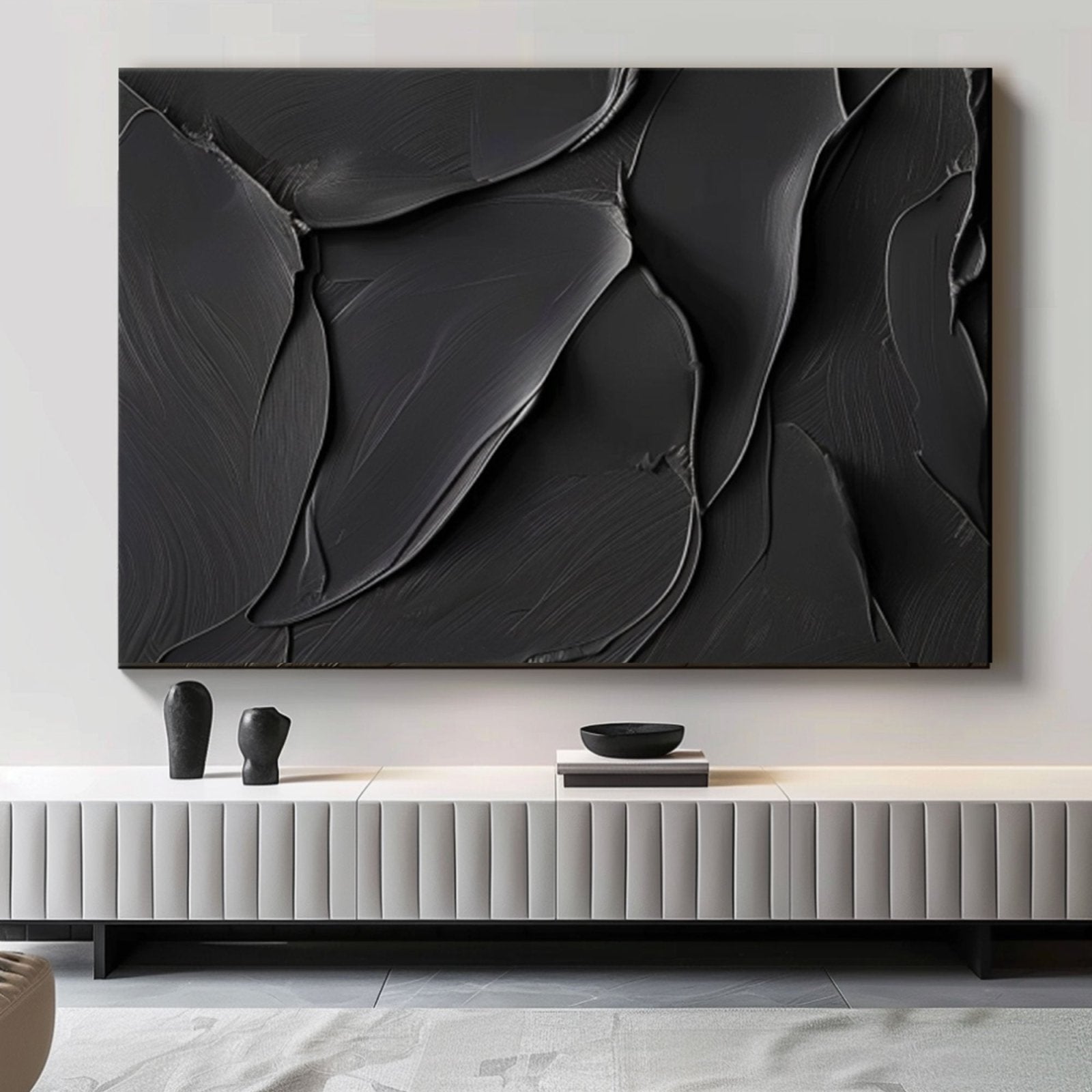 Minimalist Black Textured Oil Painting | "Eternal Embrace"TC 170 - Texarart