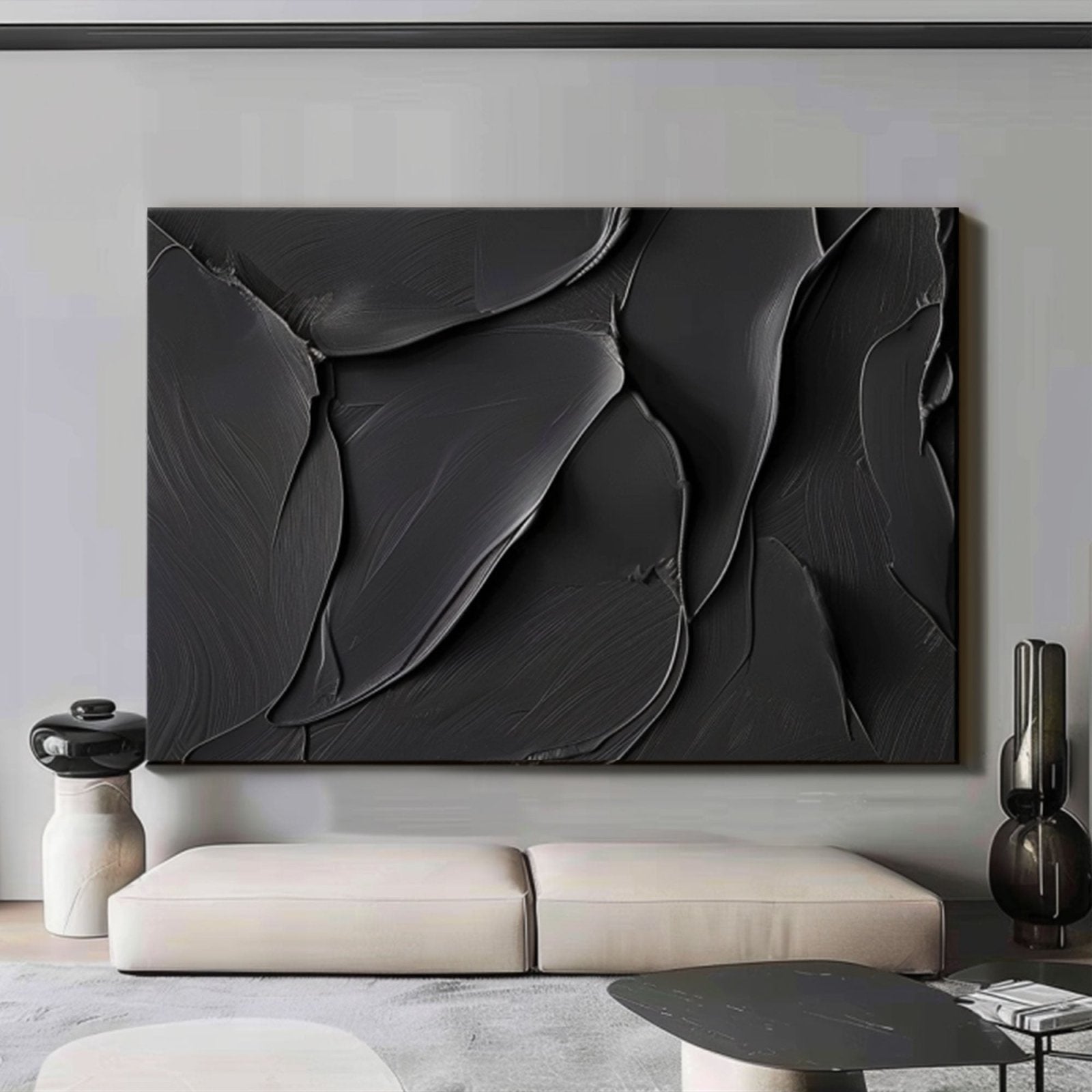 Minimalist Black Textured Oil Painting | "Eternal Embrace"TC 170 - Texarart