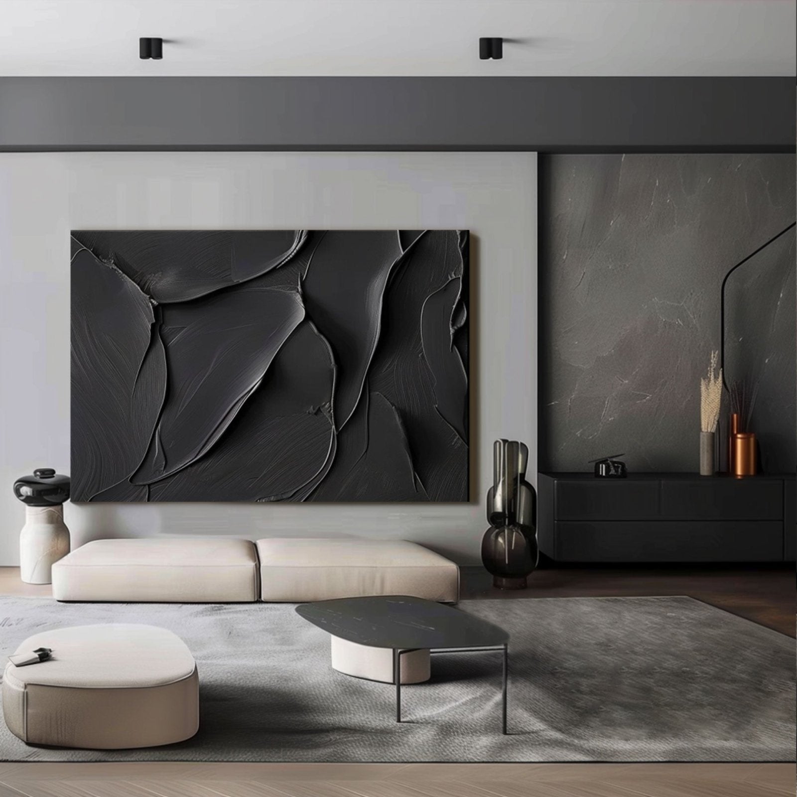 Minimalist Black Textured Oil Painting | "Eternal Embrace"TC 170 - Texarart