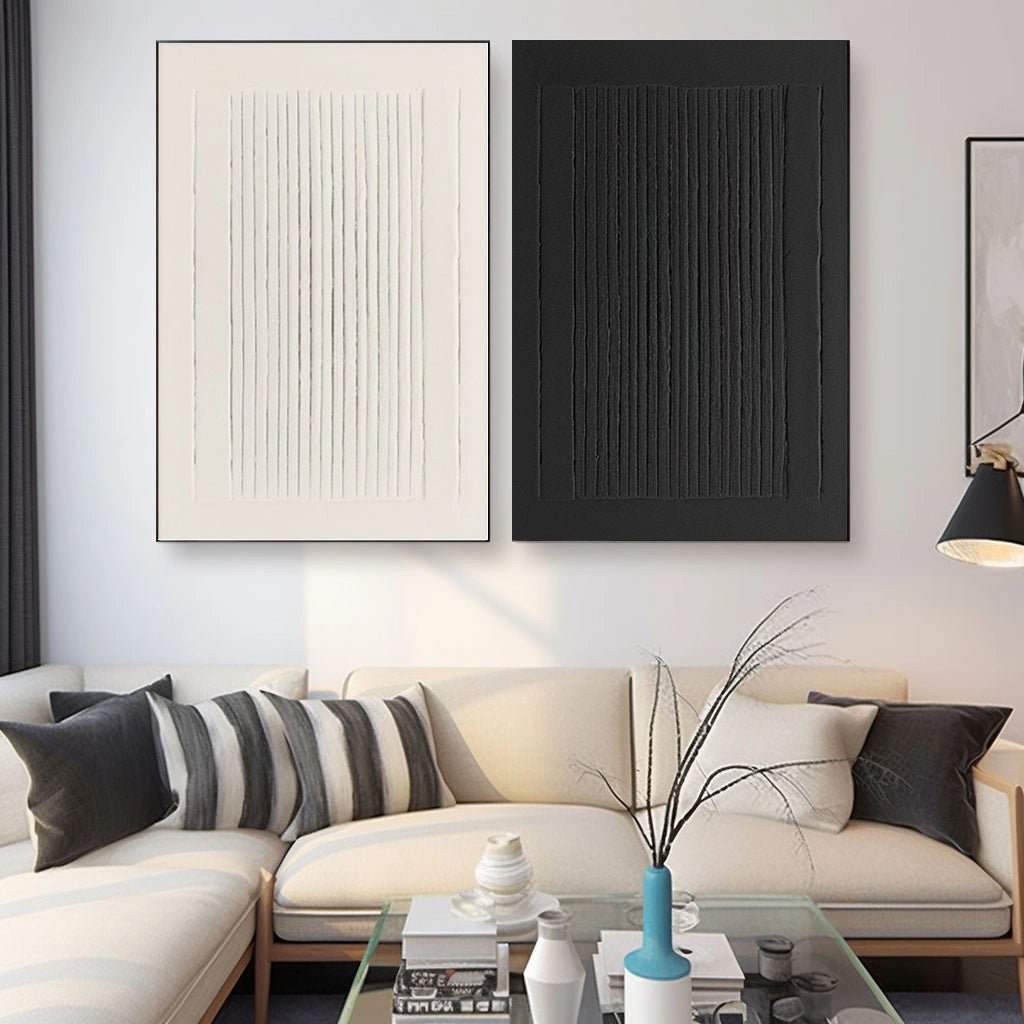 Minimalist Textured Linear Art | Black and White Stripe Canvas Pair JJ 086 - Texarart
