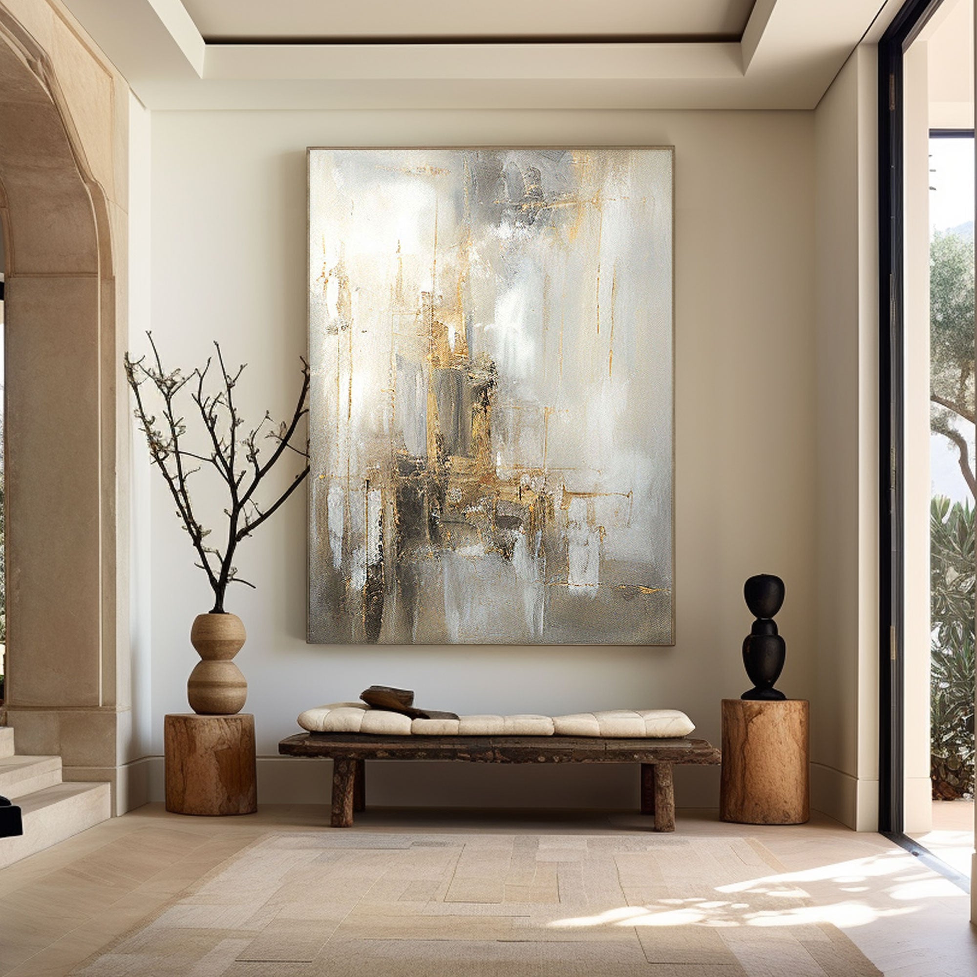 Hand - Painted Gold & White Abstract Oil Painting TC 217 - Texarart