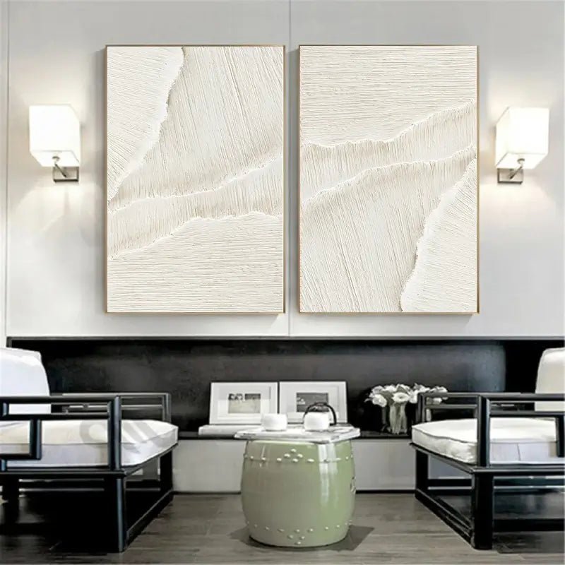 Textured White Diptych | Set of 2 Abstract Linear Wall Art Paintings JJ 087 - Texarart