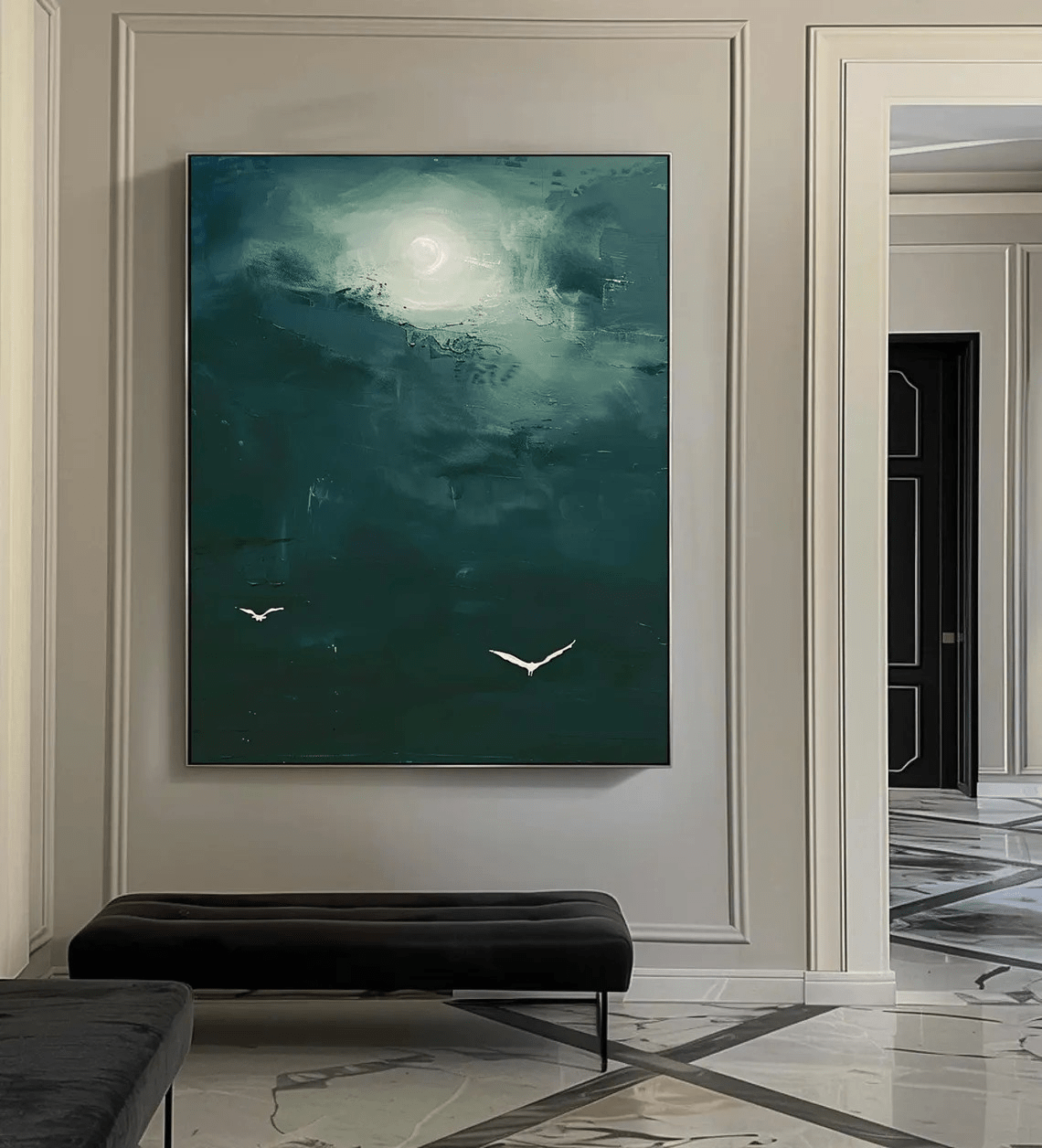 Dark Teal Abstract Oil Painting with Moon and Birds Wall Art TC 029 - Texarart