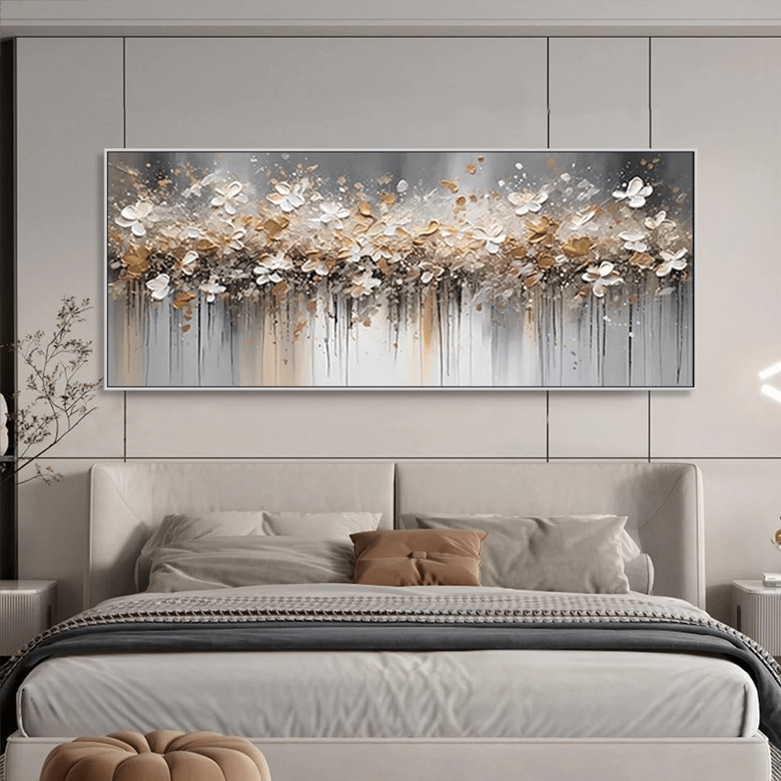 Textured Floral Abstract Oil Art - Gold Beige with Dripping JJ 021 - Texarart