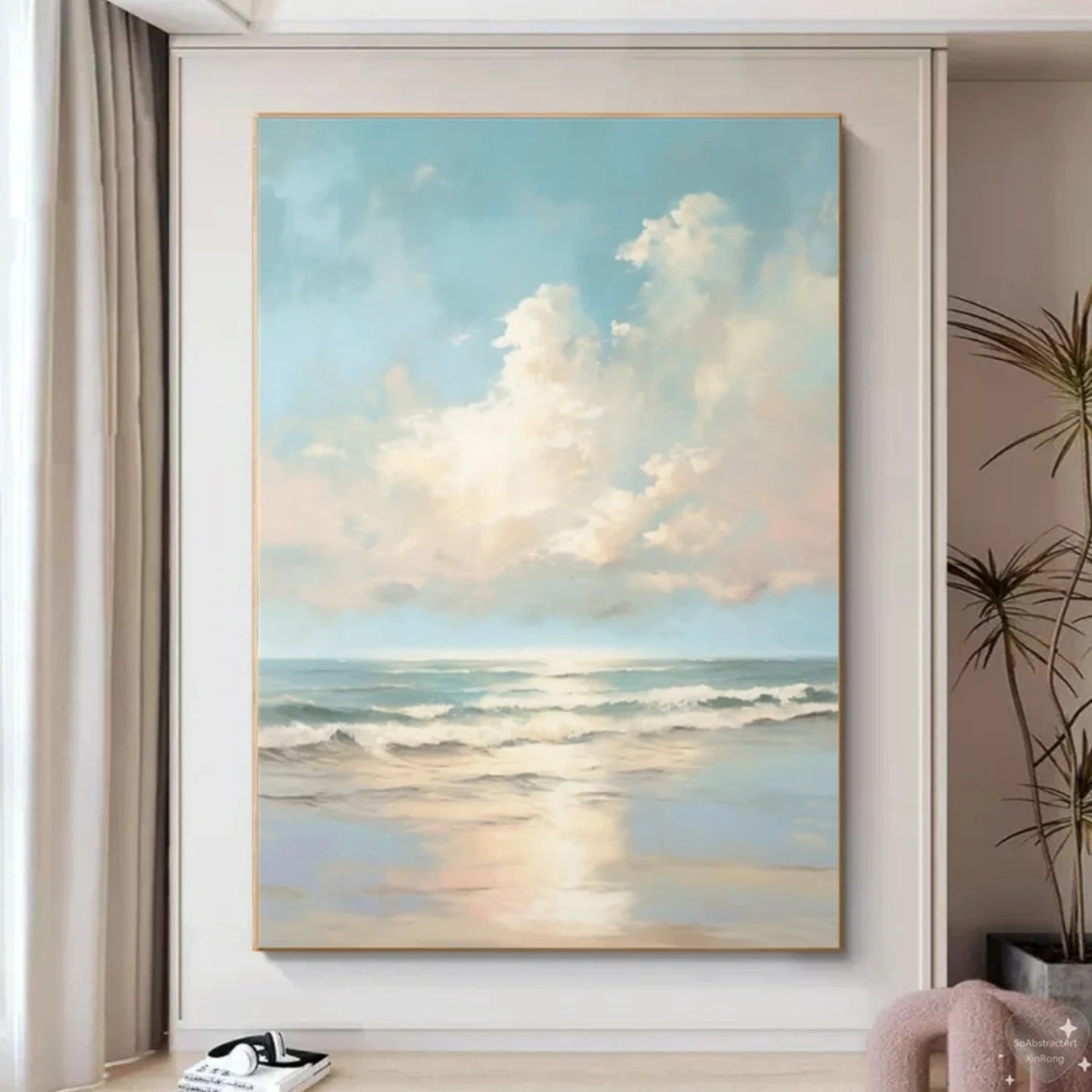 Calm Coastal Sky and Sea Abstract - Soft Blue and Beige Oil Painting JJ 118 - Texarart