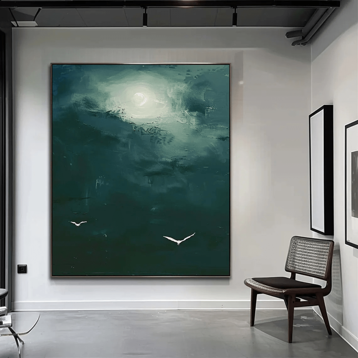 Dark Teal Abstract Oil Painting with Moon and Birds Wall Art TC 029 - Texarart