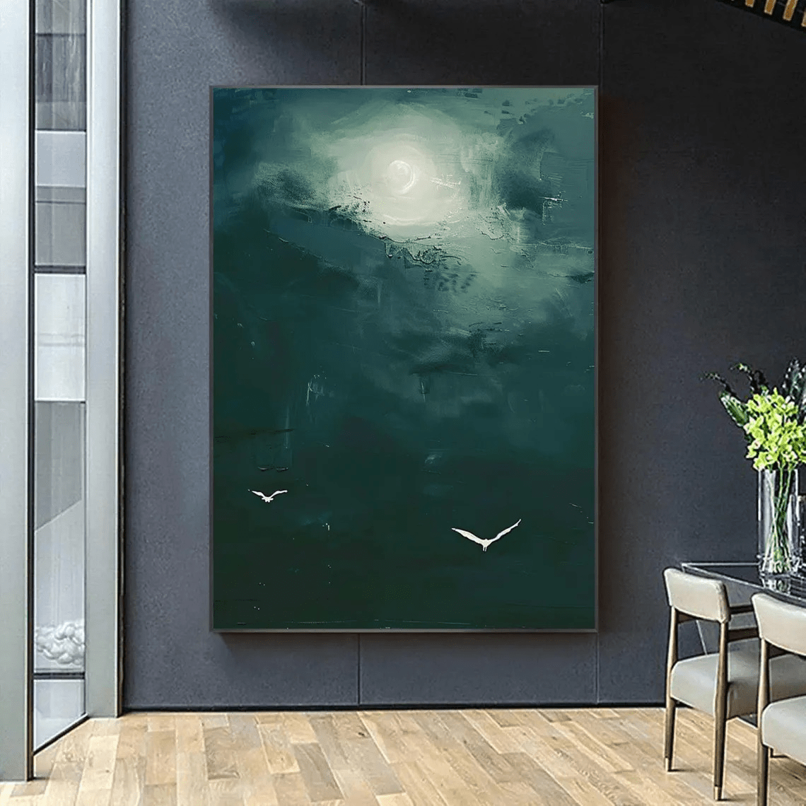 Dark Teal Abstract Oil Painting with Moon and Birds Wall Art TC 029 - Texarart