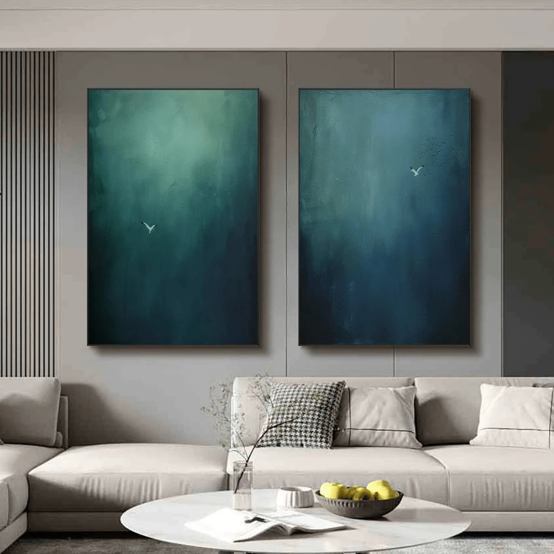 Large Abstract Oil Painting Diptych Hand - Painted Blue Green Sky/Ocean Art |  TC 010 - Texarart