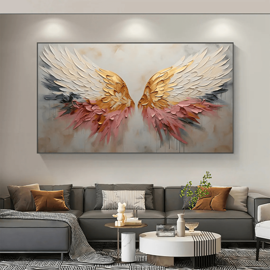 Textured Angel Wings Abstract Oil Painting - Gold & Peach Art JJ 031 - Texarart