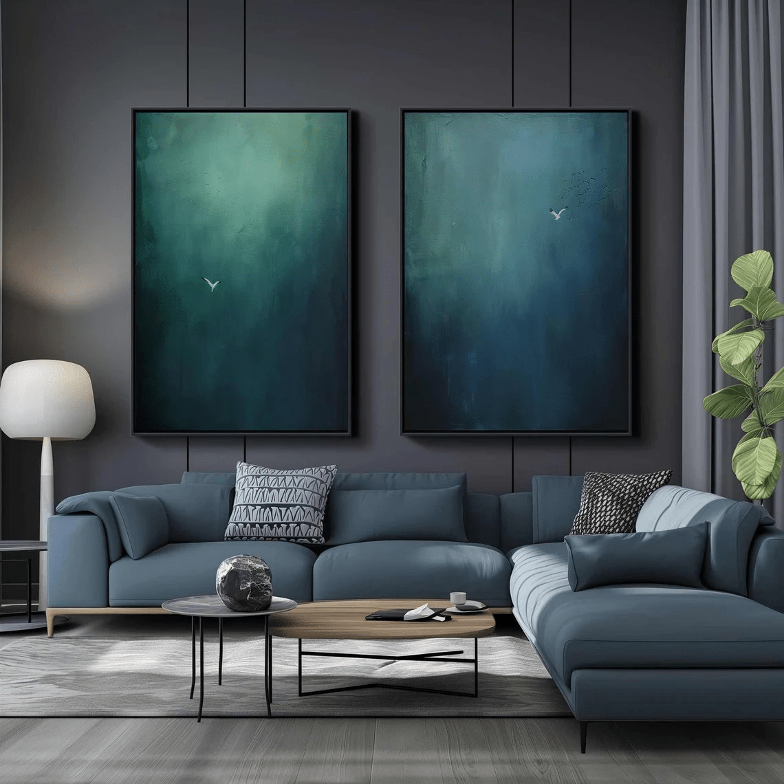 Large Abstract Oil Painting Diptych Hand - Painted Blue Green Sky/Ocean Art |  TC 010 - Texarart