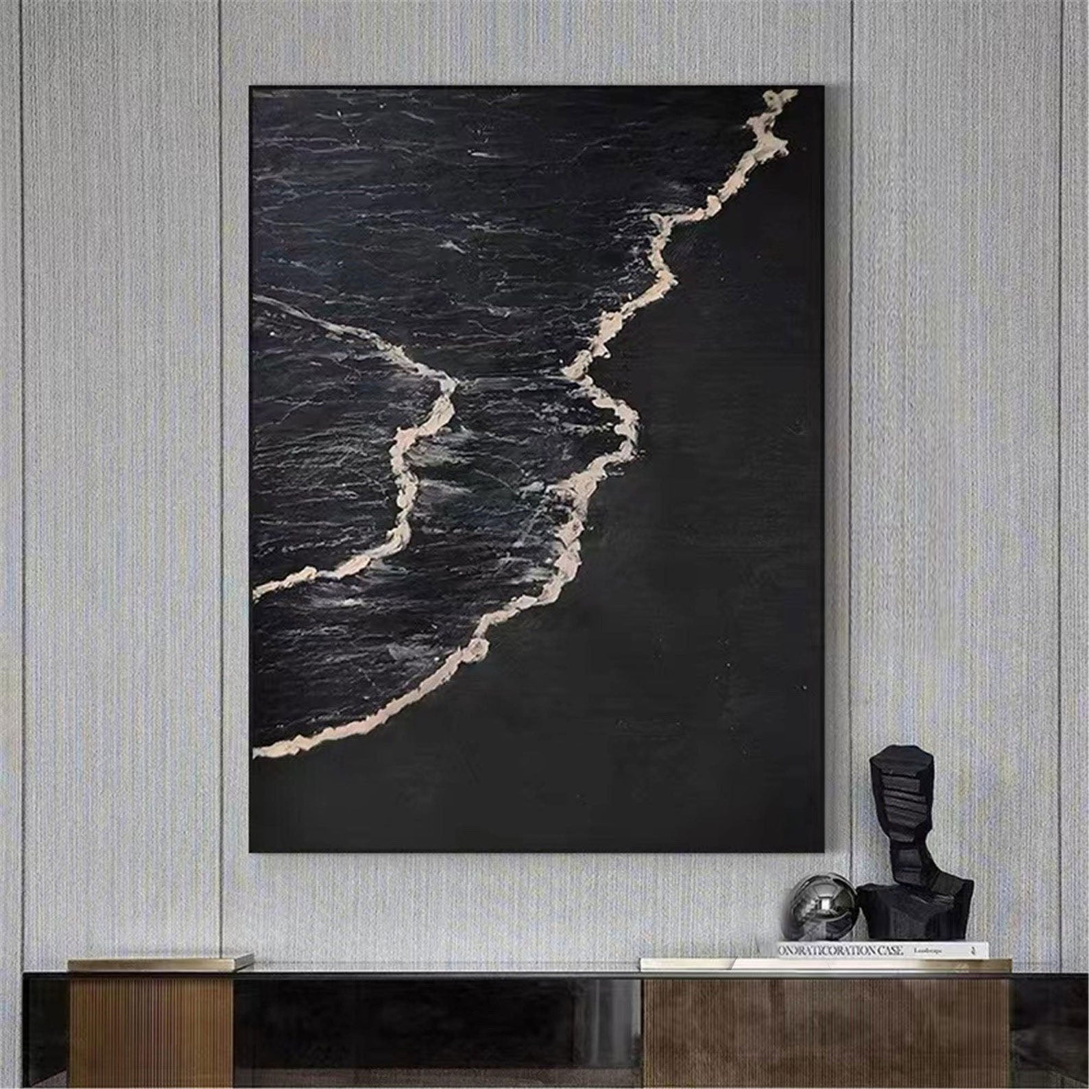 Handmade Oil Painting - Modern Abstract Black and White Wave Wall Art TB 035 - Texarart