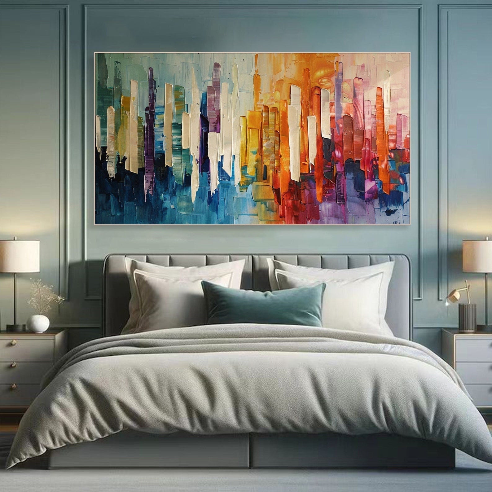 Modern City Abstract Oil Painting, Colorful Skyline Art Wall Decor TB 055 - Texarart