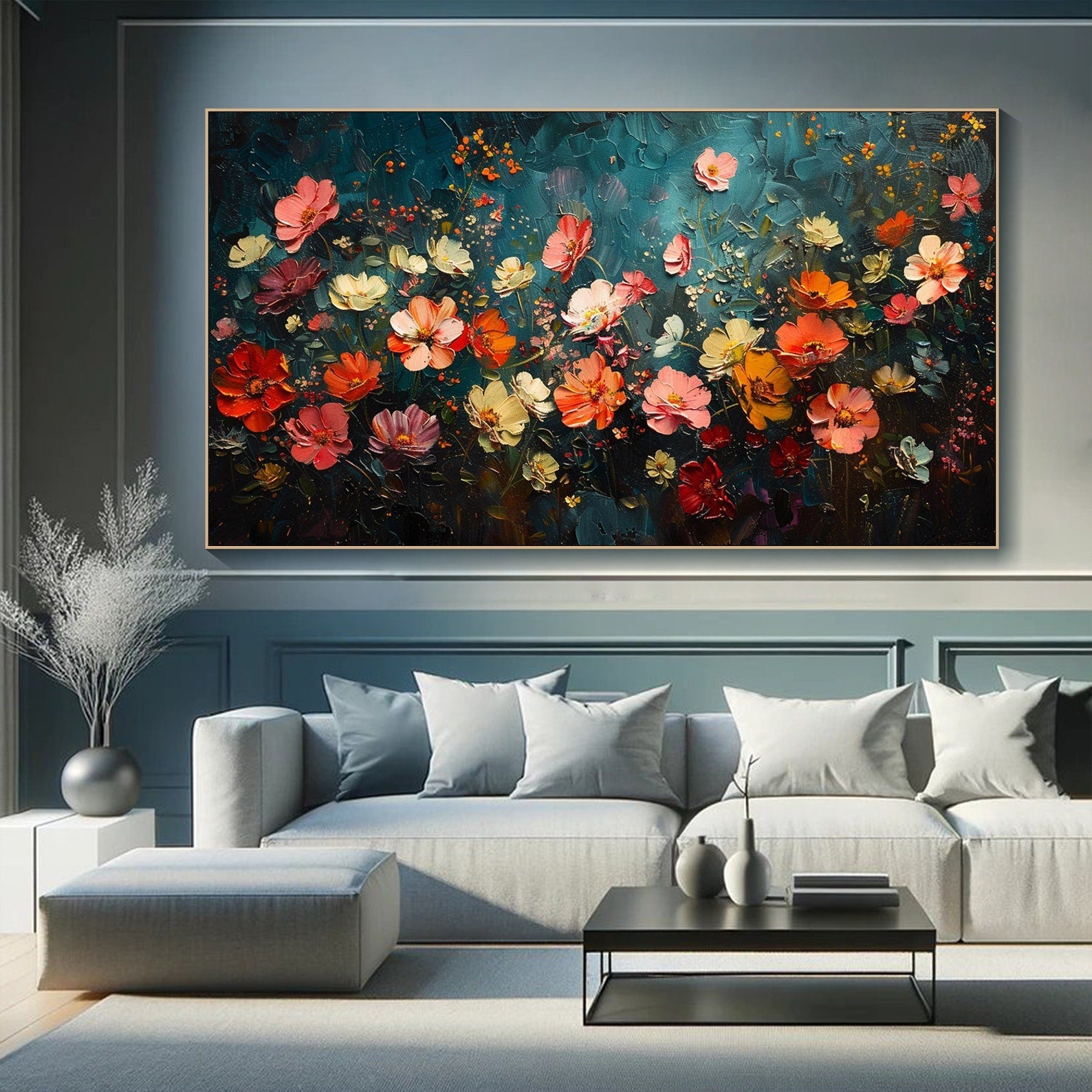 Dark Blue Green Abstract Floral, Modern Lively Decor TB 069 - Texarart