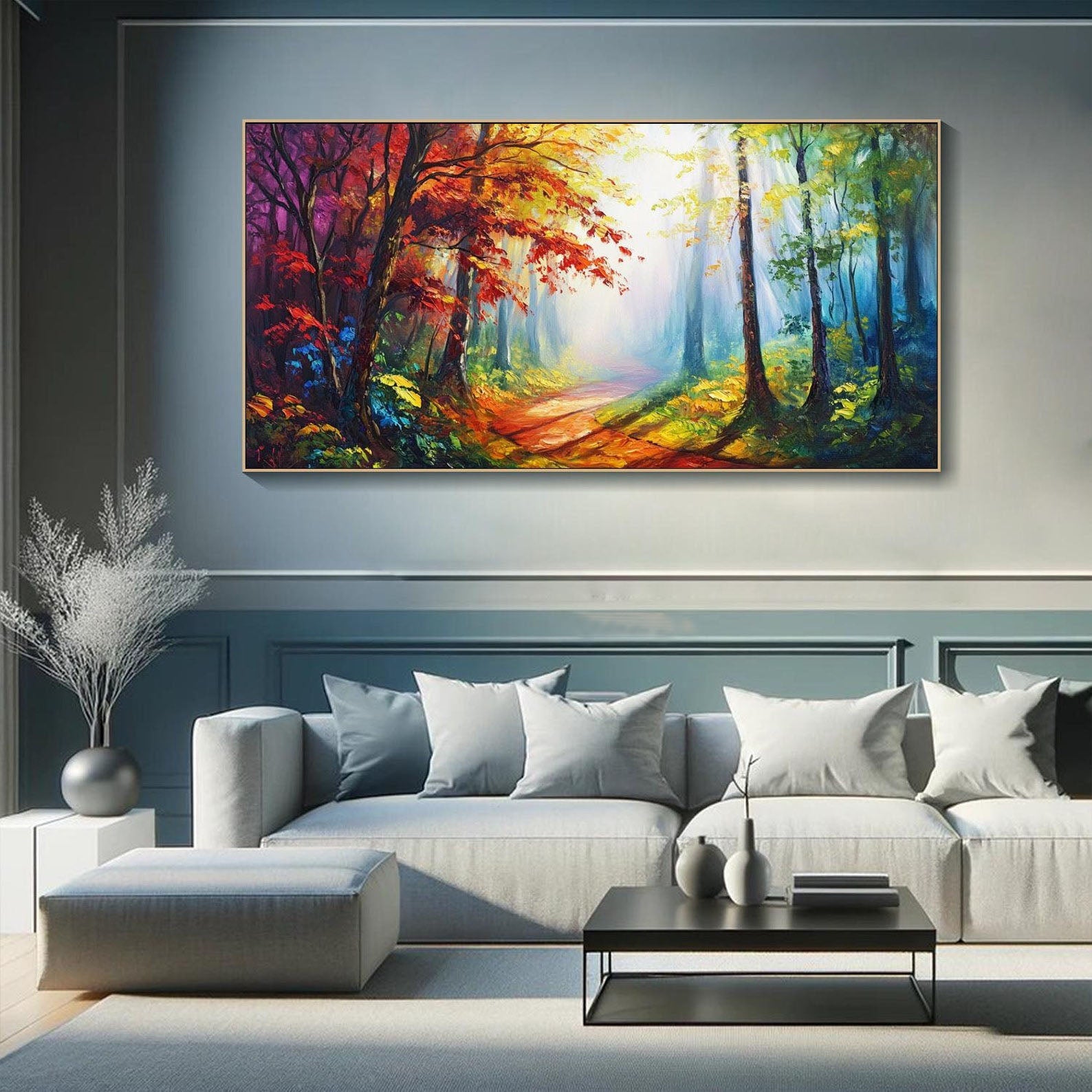 Modern Art Forest Painting, Vibrant Light Dreamy