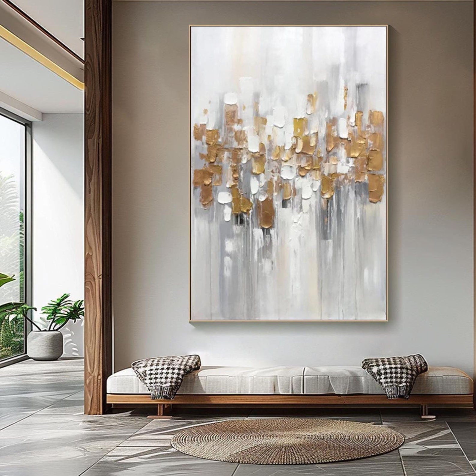 Modern Abstract Textured Oil Painting, White Gray Gold TB 065 - Texarart