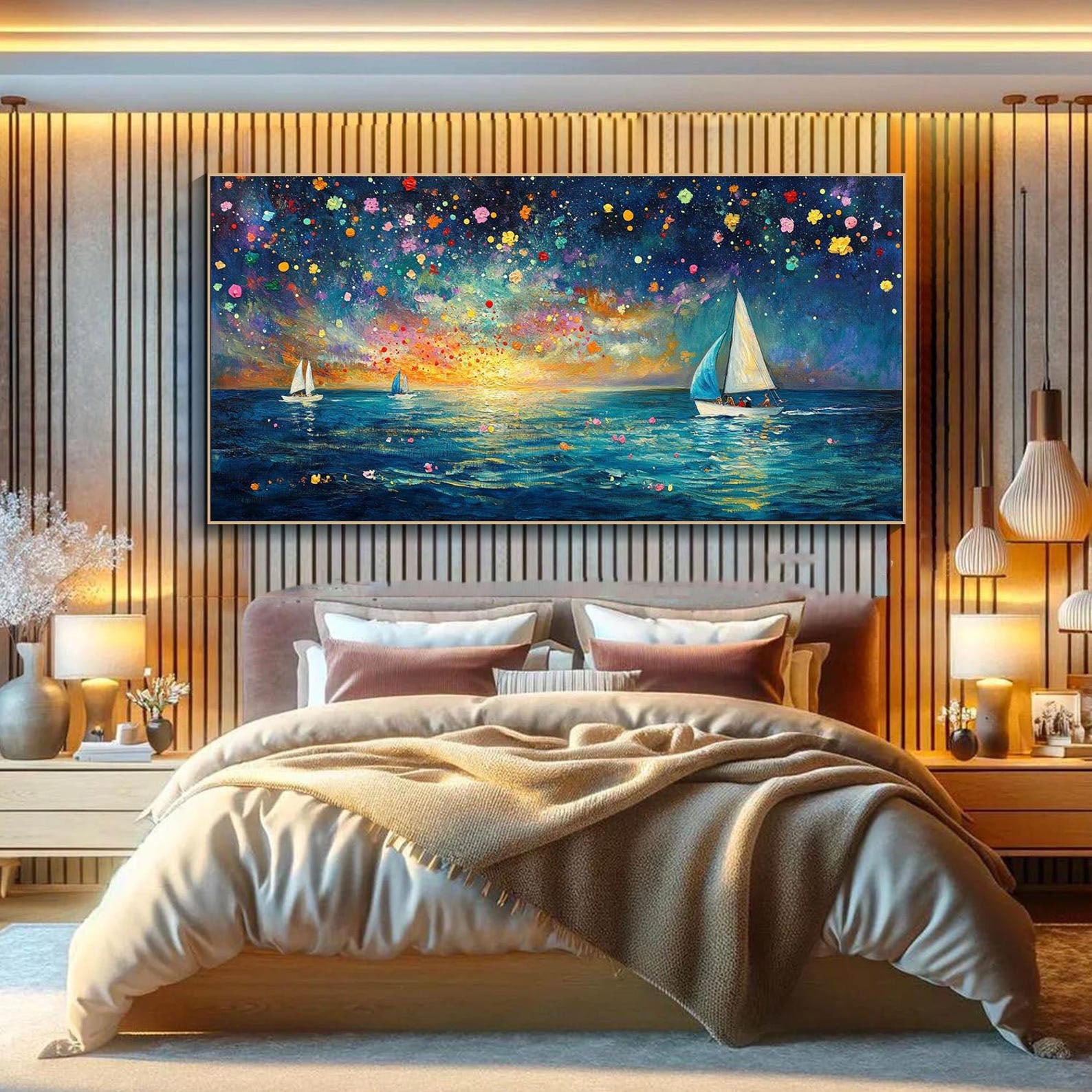Modern Art Night Sailboat Painting, Vibrant Color Ocean Decor TB 045 - Texarart