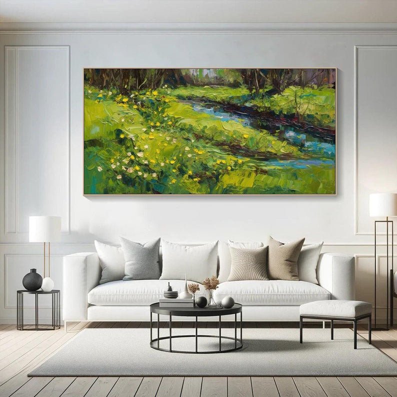 Buy Large Landscape Oil Painting | Vibrant Green Field & River Wall Art TB 088 - Texarart