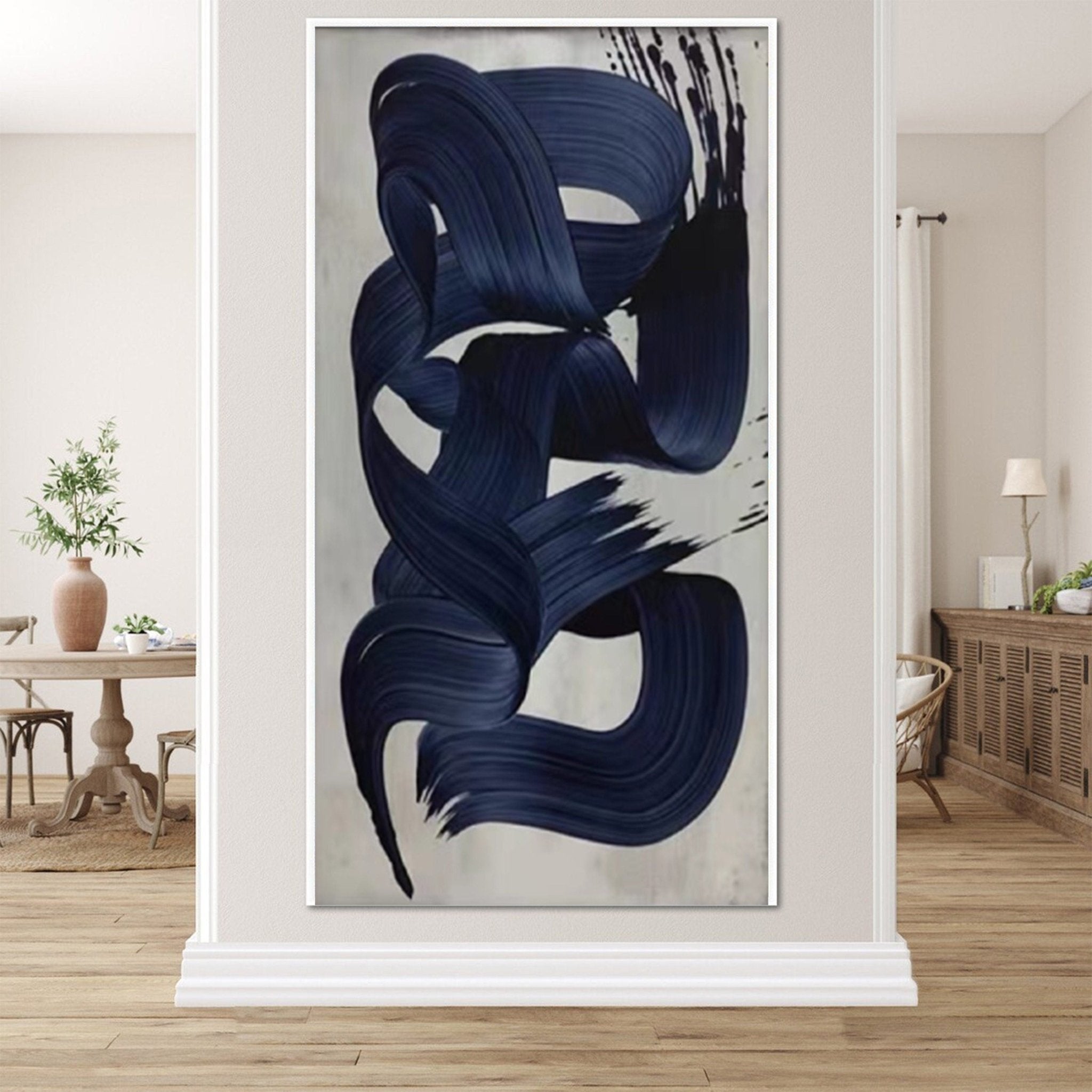 Blue Brushstroke Abstract Oil Painting, Modern Minimalist Art Wall Decor TB 050 - Texarart