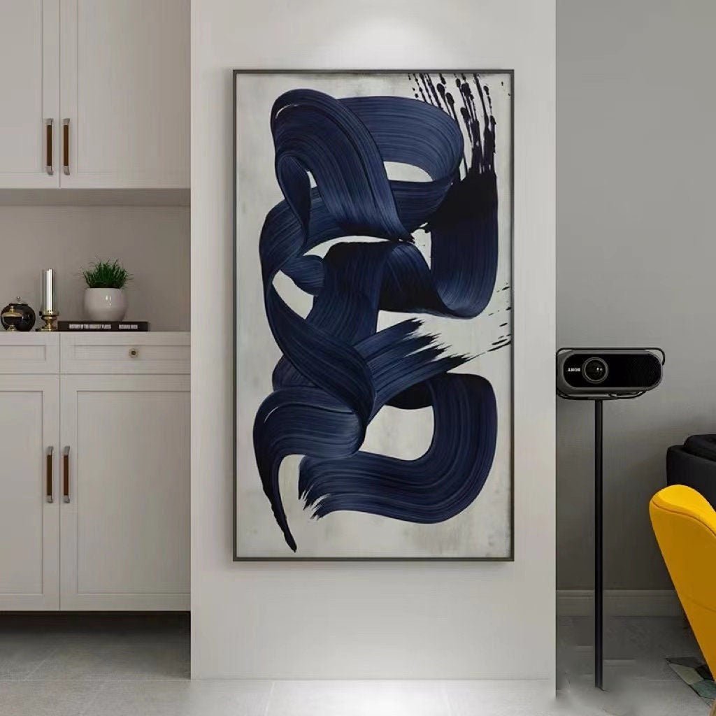 Blue Brushstroke Abstract Oil Painting, Modern Minimalist Art Wall Decor TB 050 - Texarart
