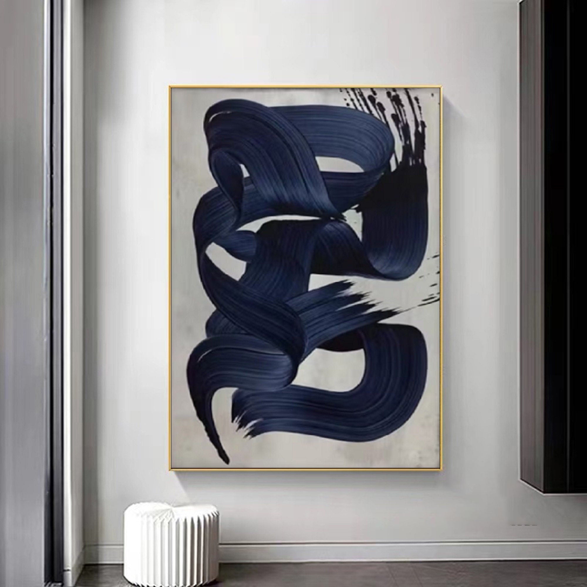Blue Brushstroke Abstract Oil Painting, Modern Minimalist Art Wall Decor TB 050 - Texarart