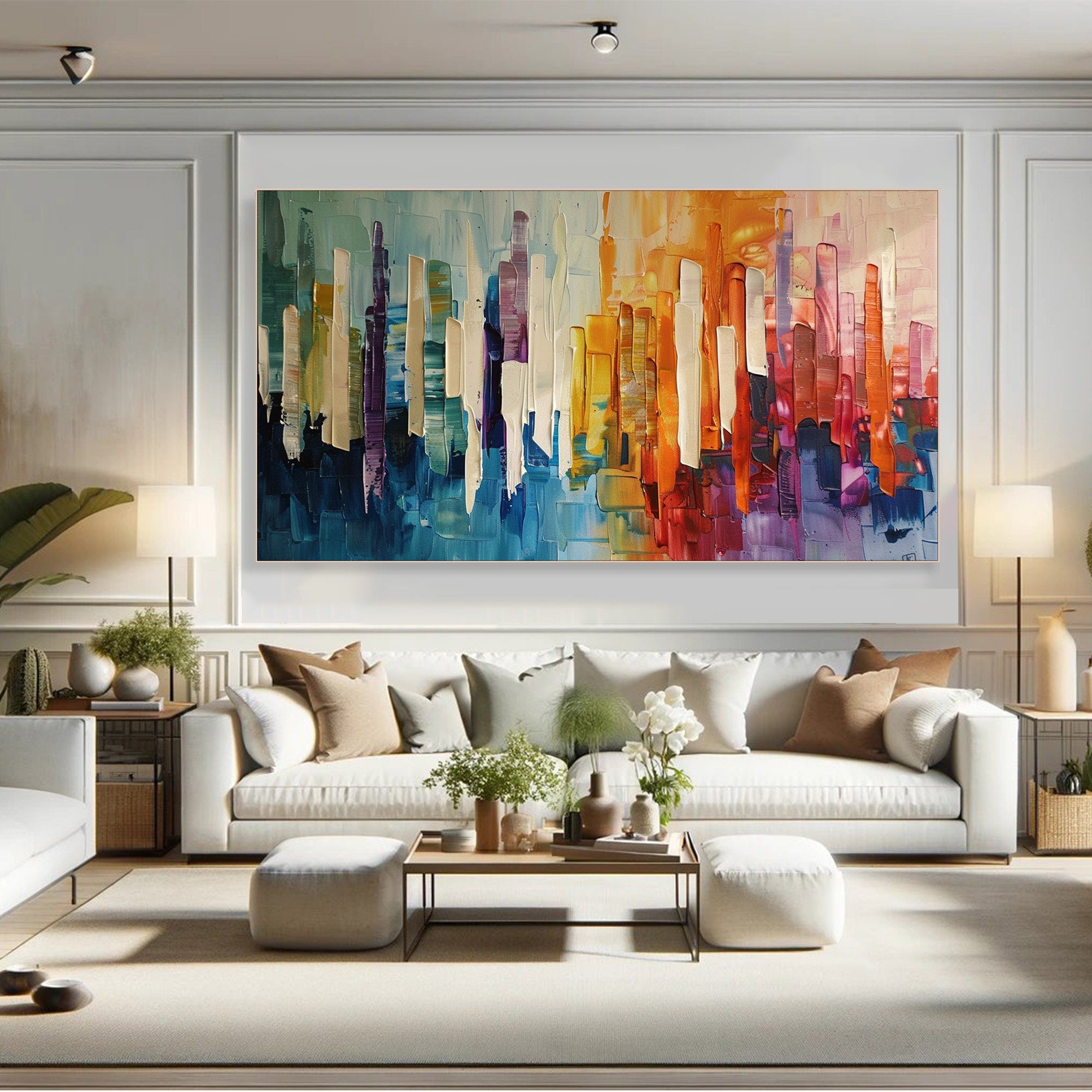 Modern City Abstract Oil Painting, Colorful Skyline Art Wall Decor TB 055 - Texarart