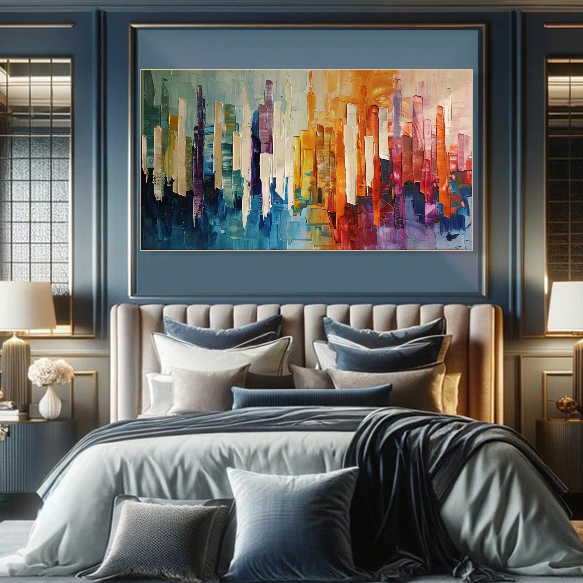 Modern City Abstract Oil Painting, Colorful Skyline Art Wall Decor TB 055 - Texarart
