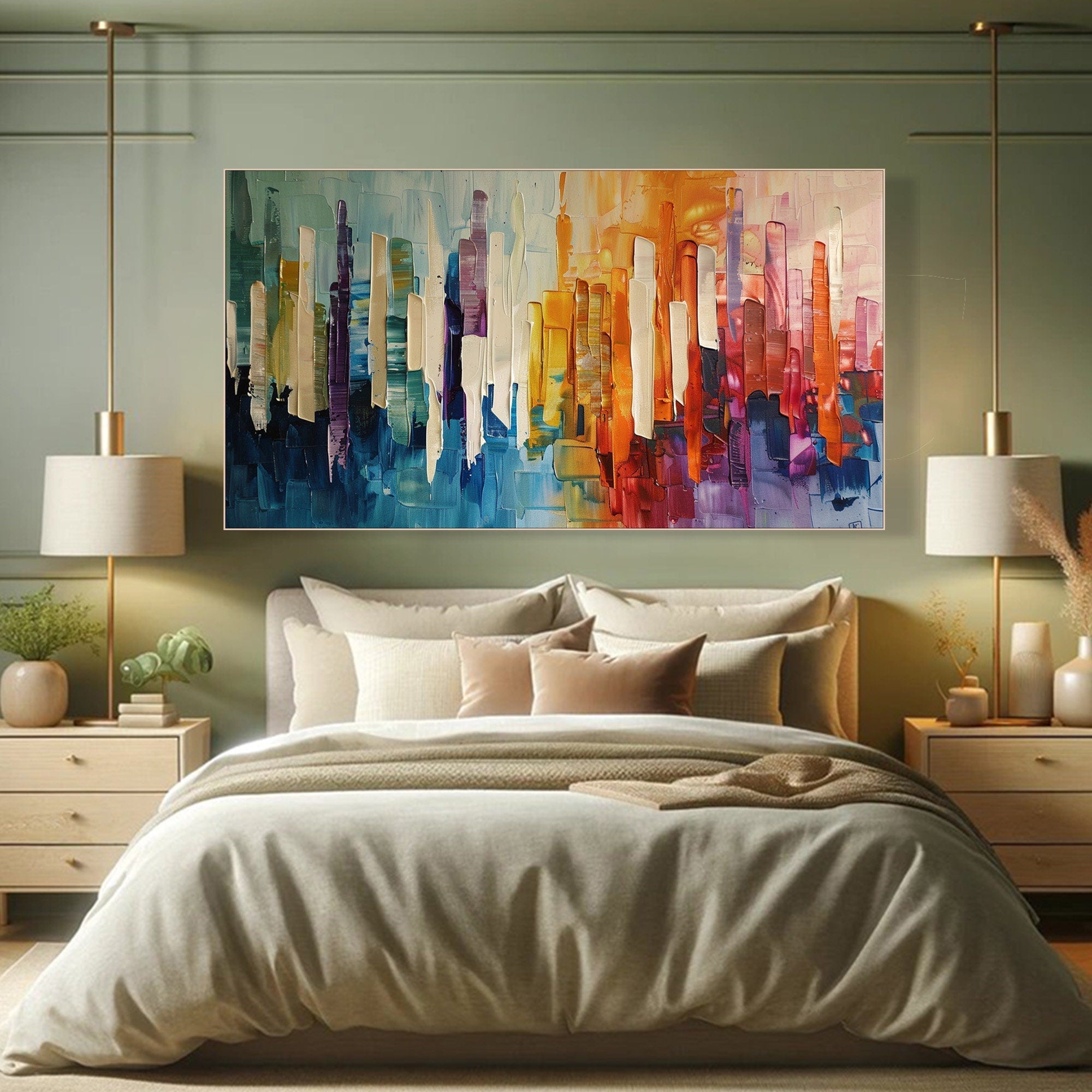 Modern City Abstract Oil Painting, Colorful Skyline Art Wall Decor TB 055 - Texarart