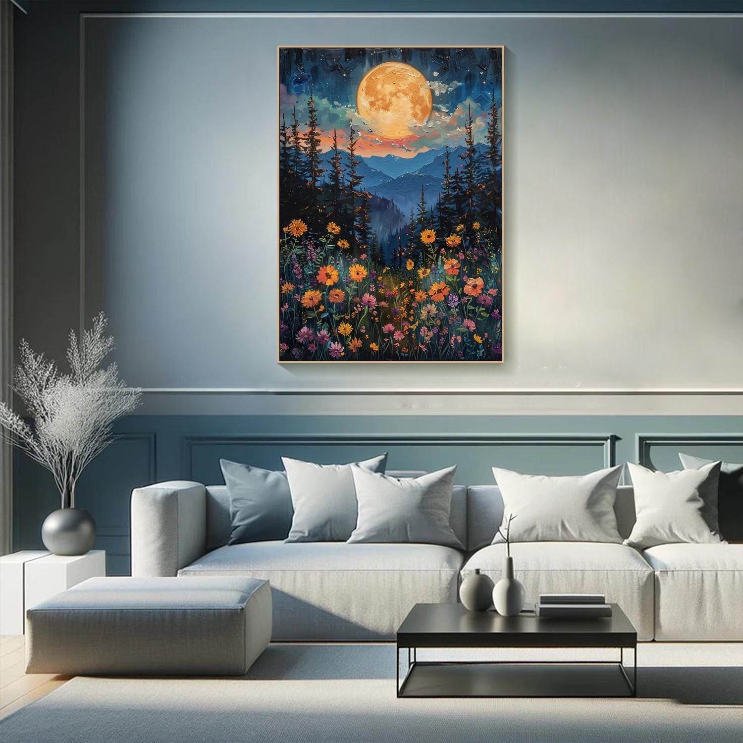 Moonlight Forest Abstract Oil Painting, Modern Dreamy Night TB 073 - Texarart