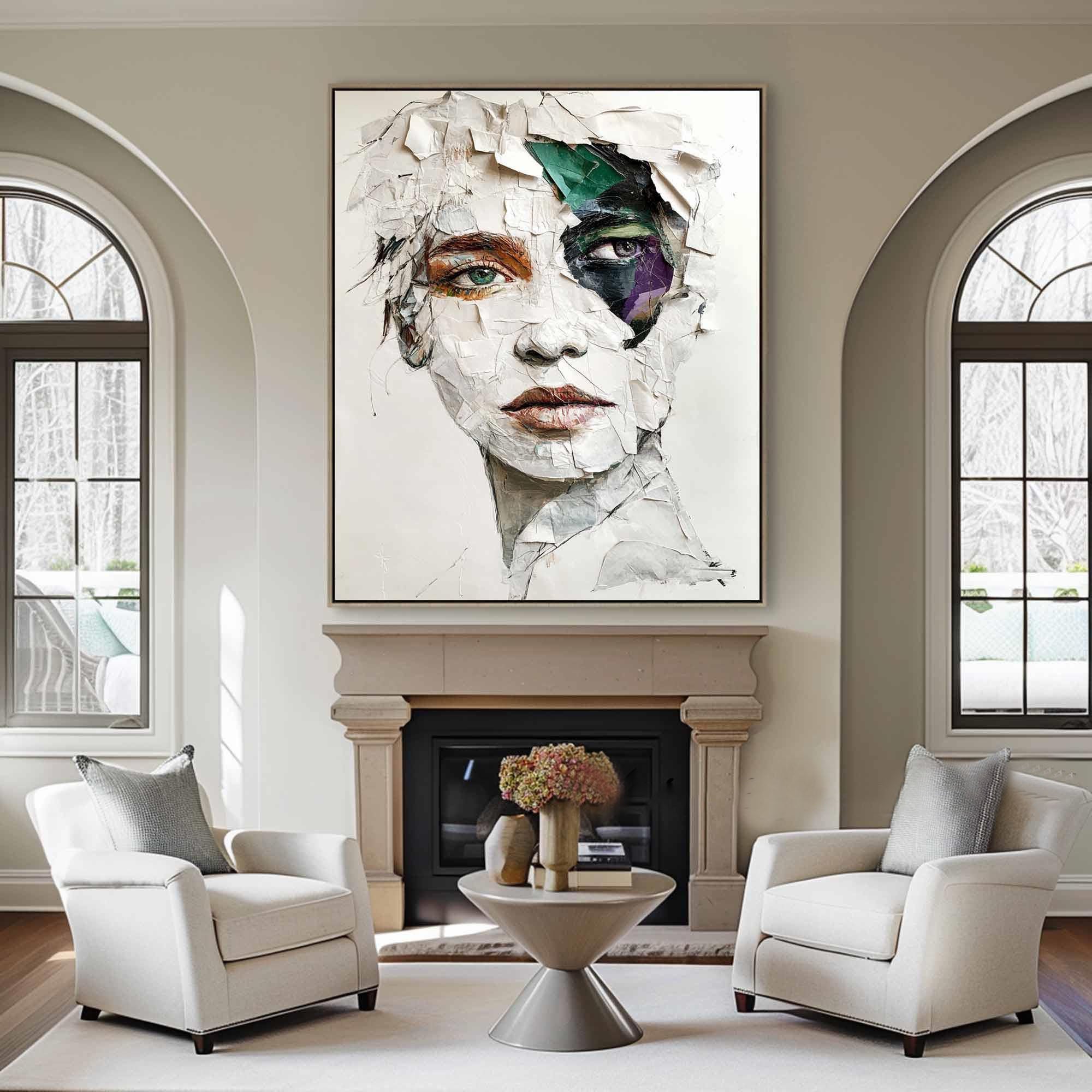 Modern Abstract Portrait Art, White Gray Green Purple TB 062 - Texarart