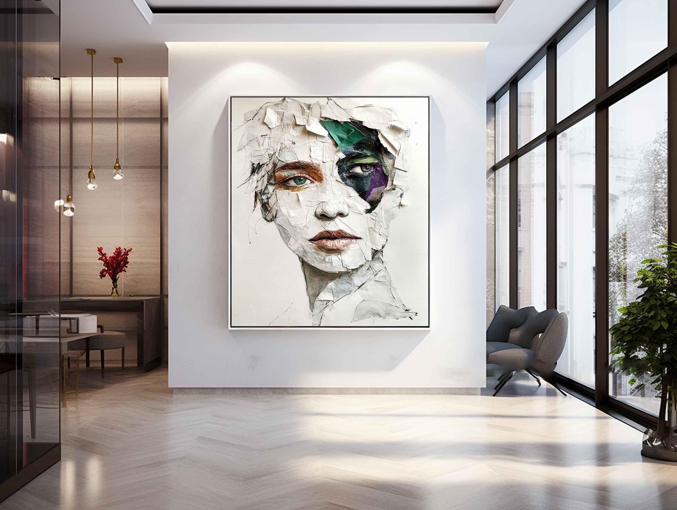 Modern Abstract Portrait Art, White Gray Green Purple TB 062 - Texarart