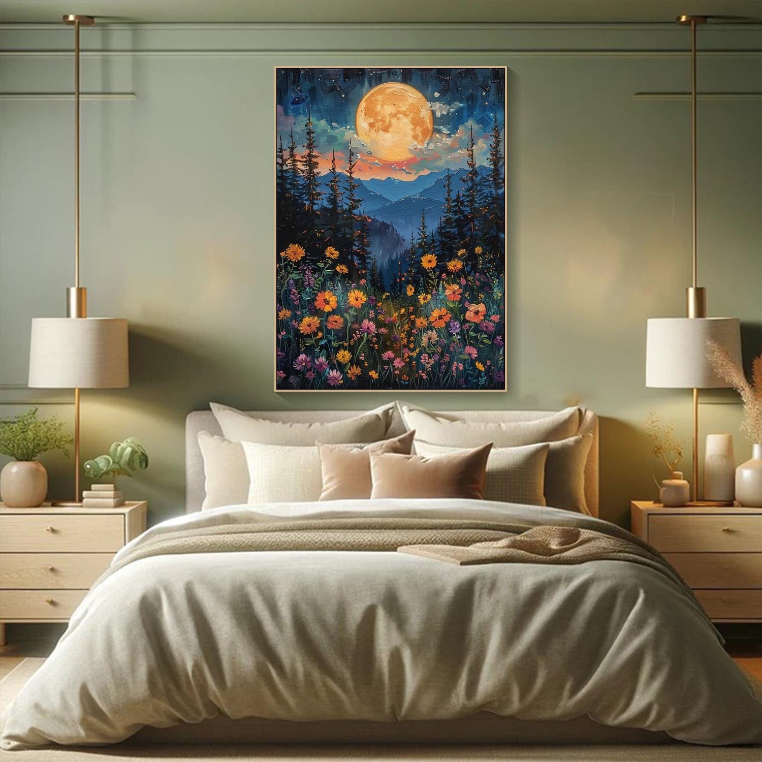 Moonlight Forest Abstract Oil Painting, Modern Dreamy Night TB 073 - Texarart