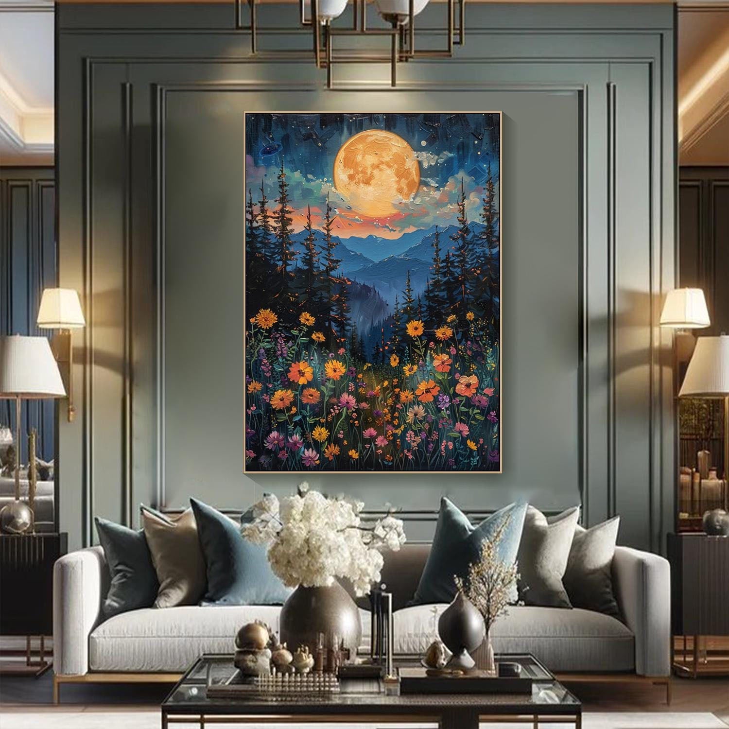 Moonlight Forest Abstract Oil Painting, Modern Dreamy Night TB 073 - Texarart