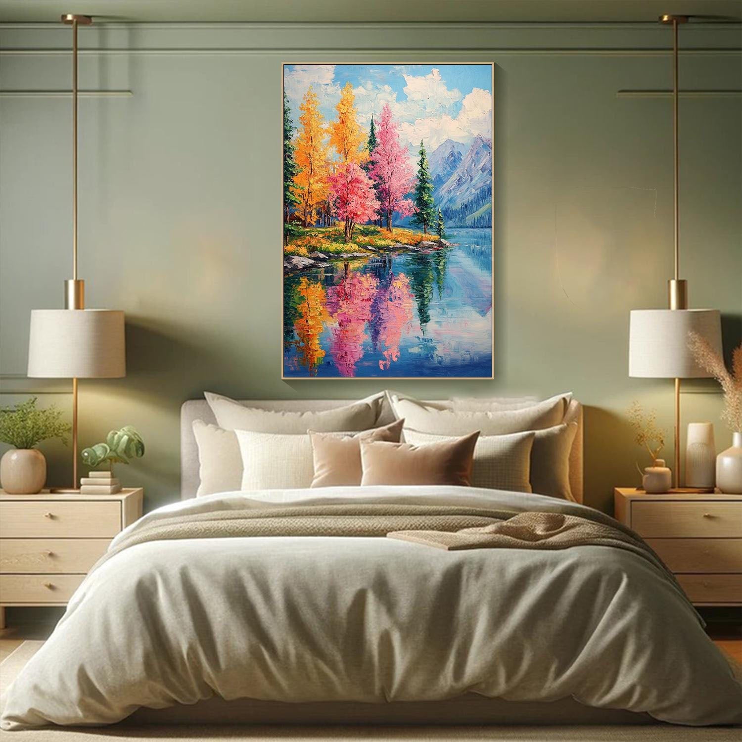 Autumn Lake Oil Painting - Colorful Forest Reflection Art TC 008 - Texarart